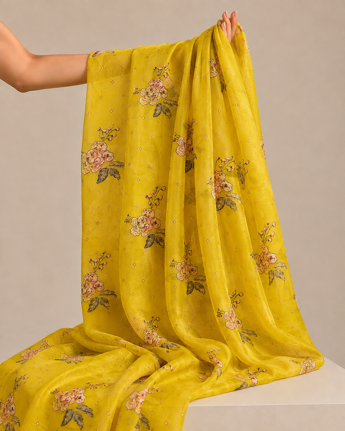 Vibrant Yellow Mul Fabric Floral Bouquet Embroidered Motif
