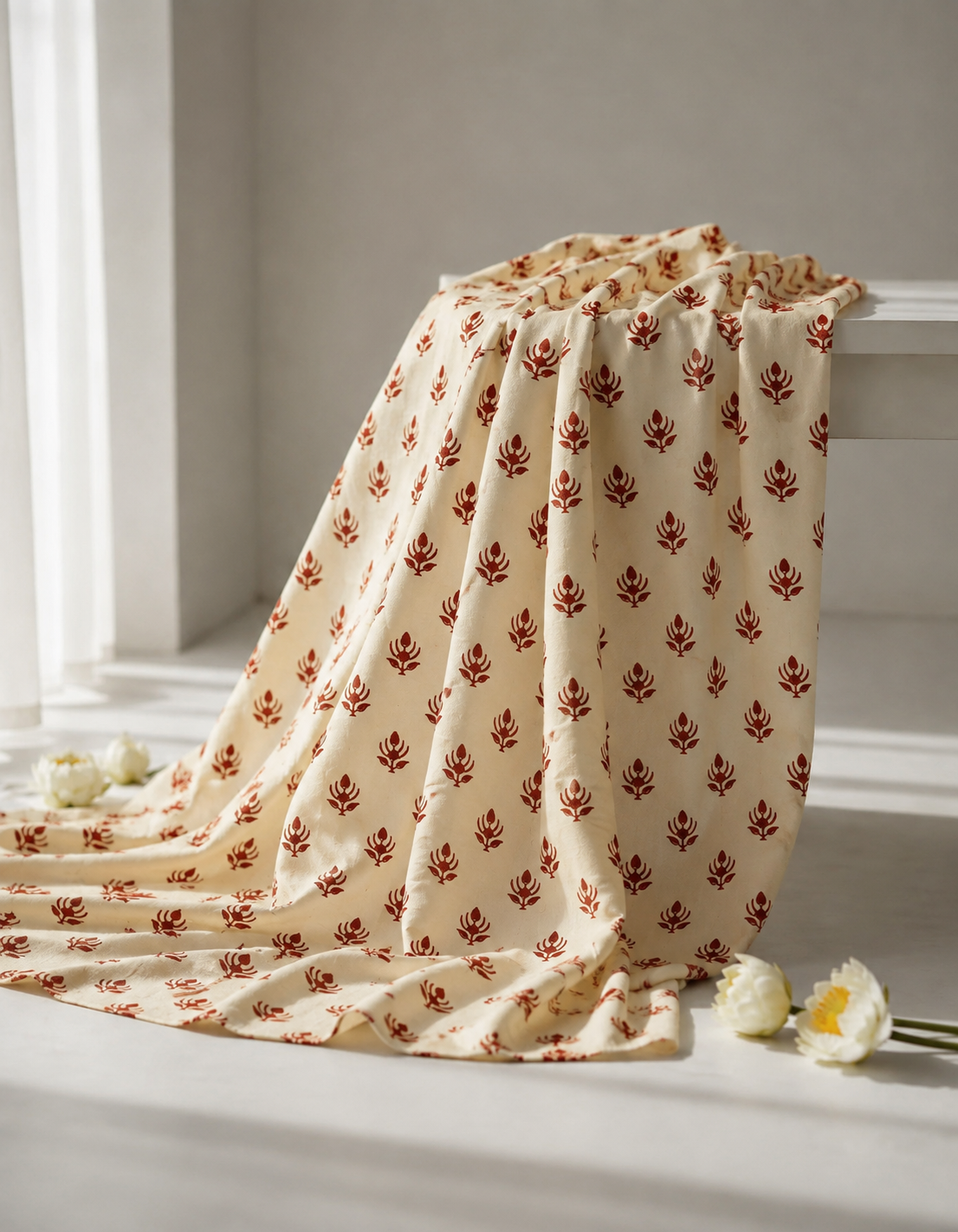Pure Chanderi Silk Fabric With Black Hand Block Prints