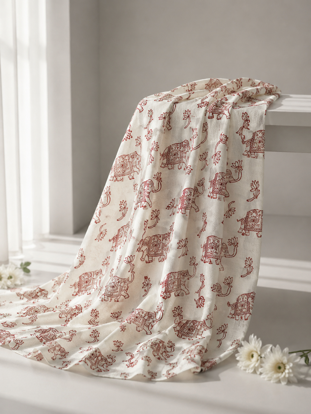 Pure Chanderi Silk Fabric With Red Hand Block Prints