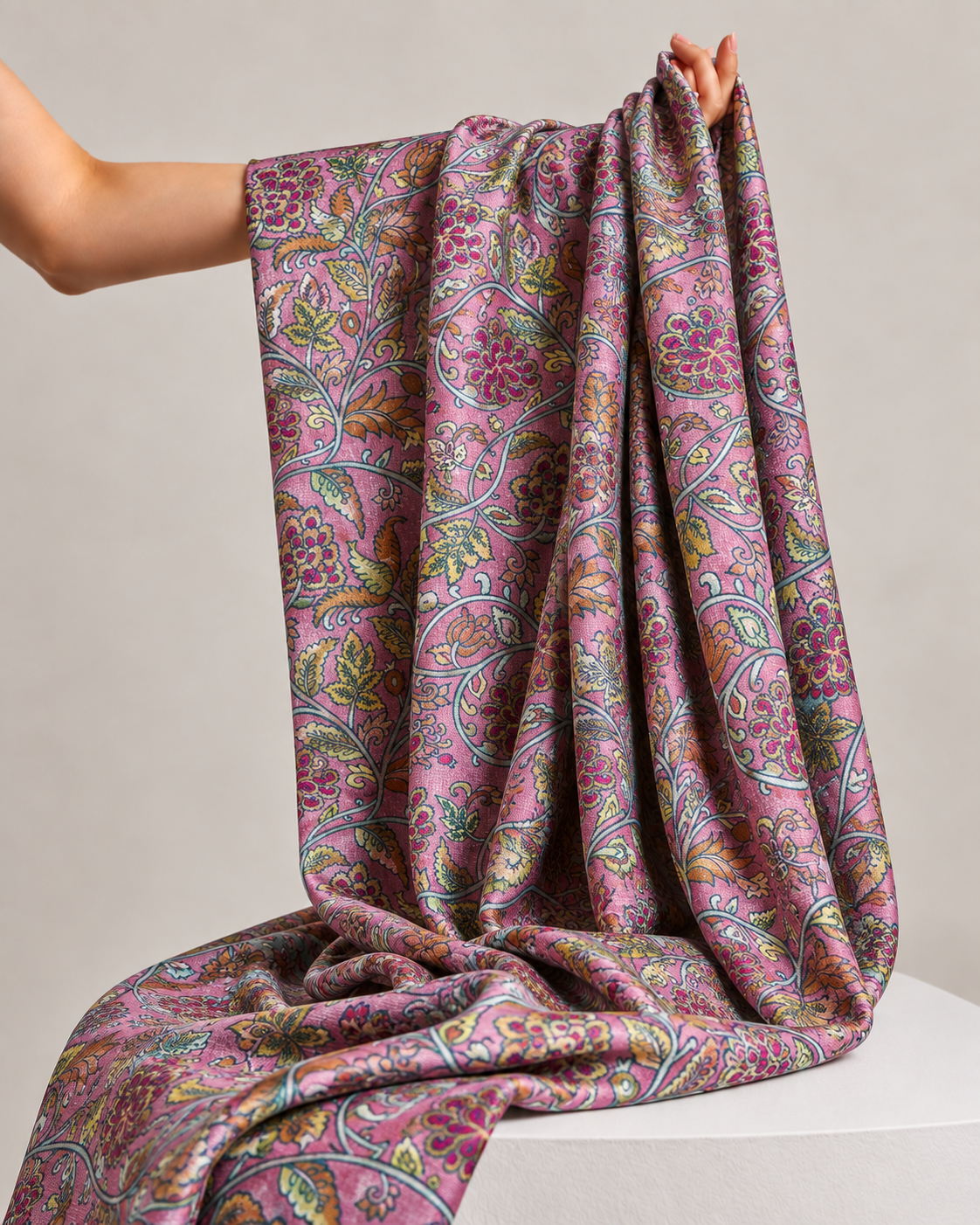 Pink Lilac Tussar Kalamkari Printed Fabric