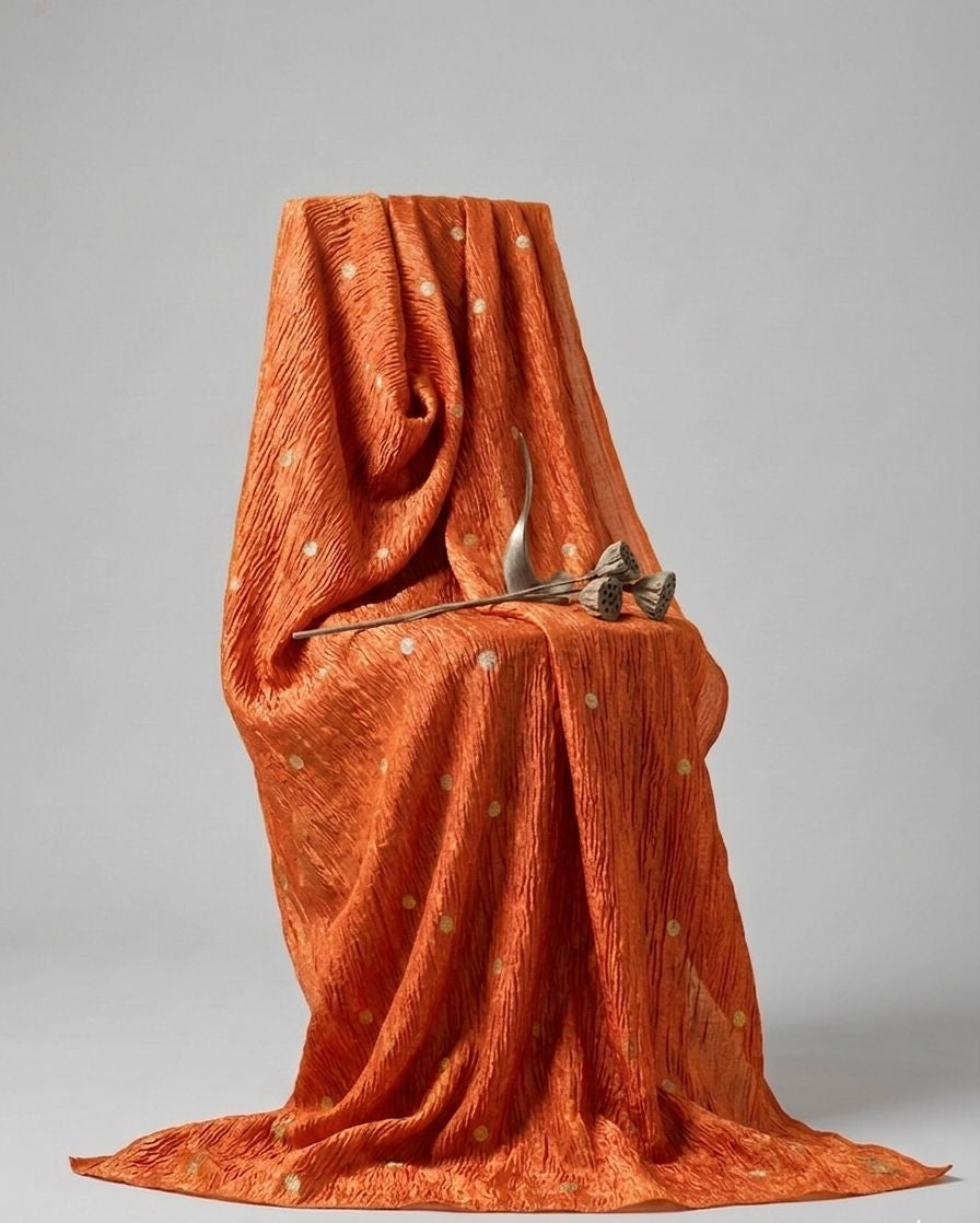 Rust Orange Crushed Tissue Fabric with Gold Zari Polka Motifs