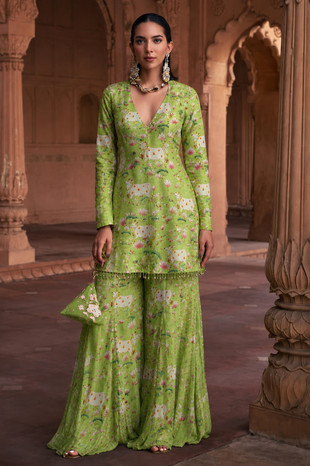 Lime Green Mul Pichwai Prints Fabric