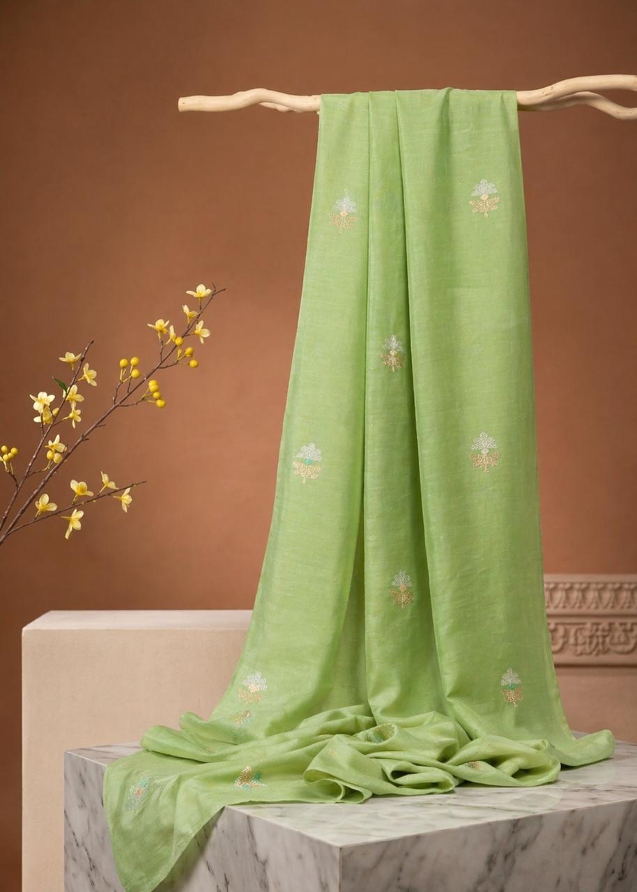 Leaf Green Premium Cotton Fabric With Floral Motif