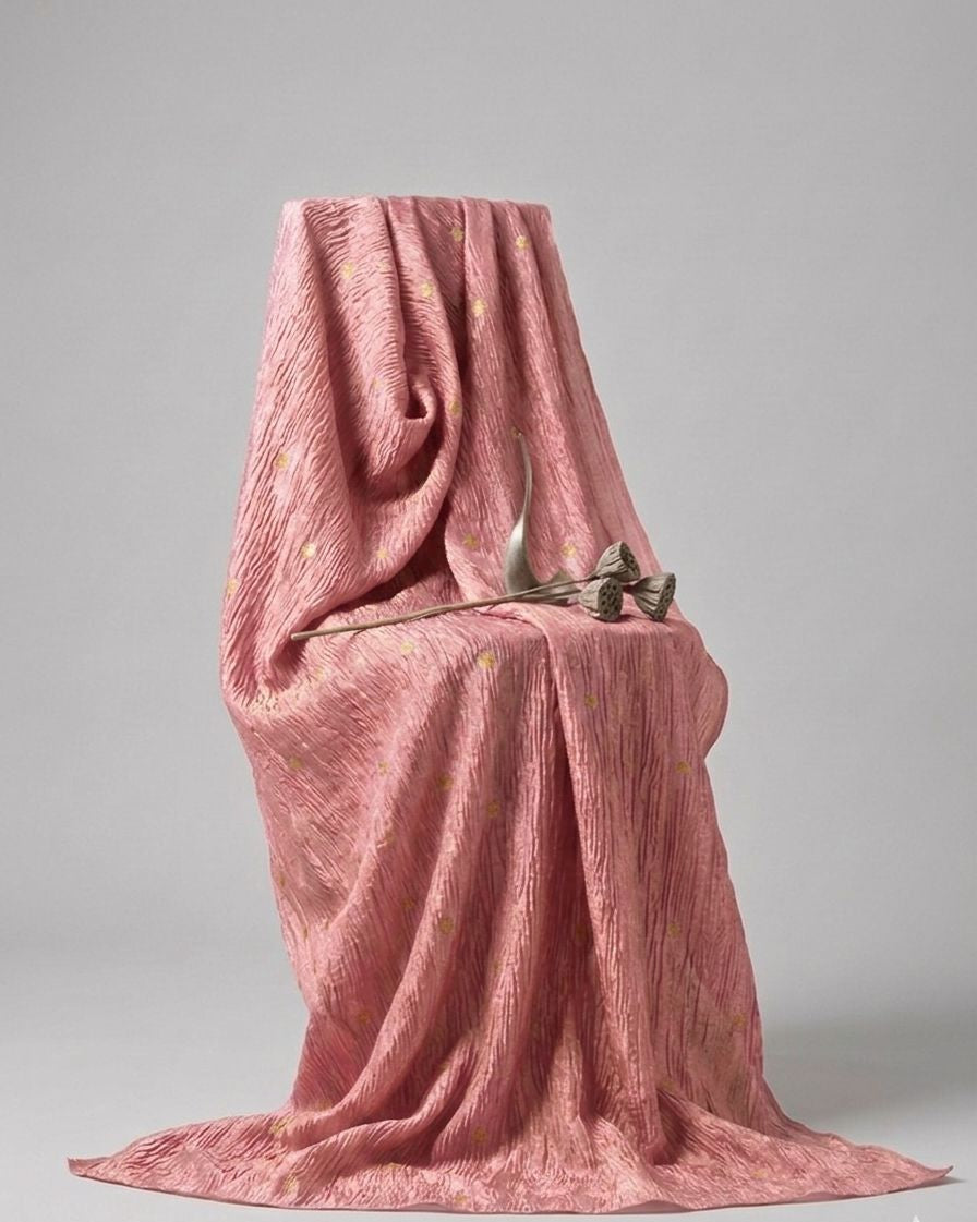 Rose Gold Crushed Tissue Fabric with Gold Zari Floral Motifs