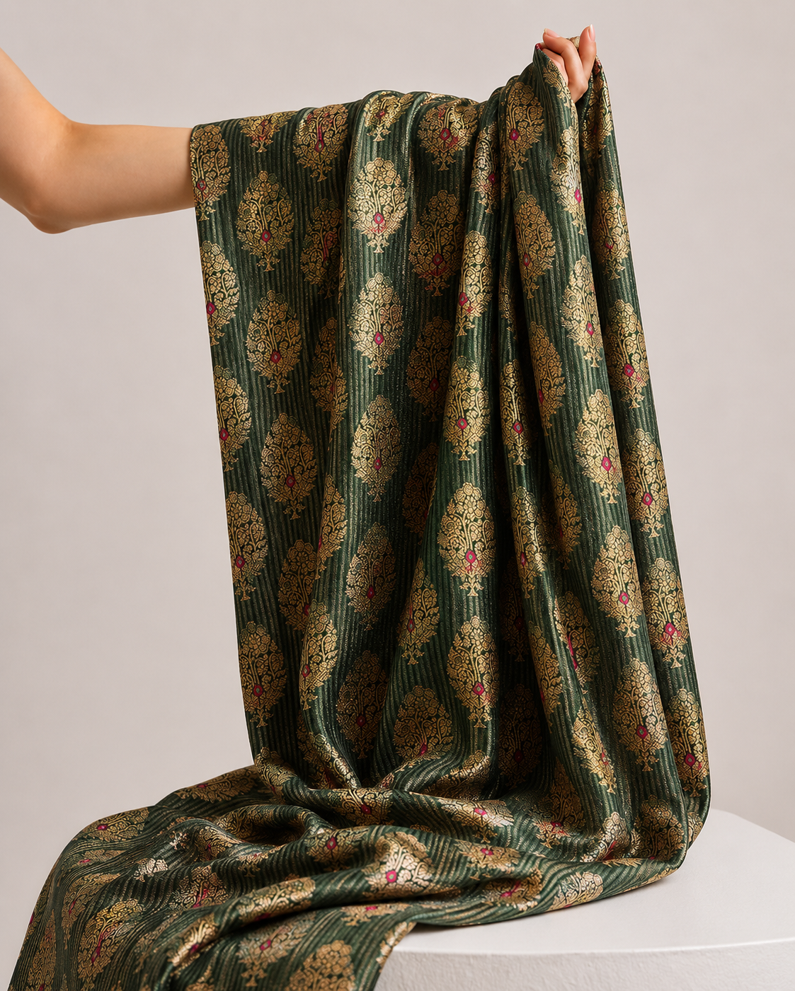 Bottle Green Soft Silk Fabric with Meenakari Floral Motifs