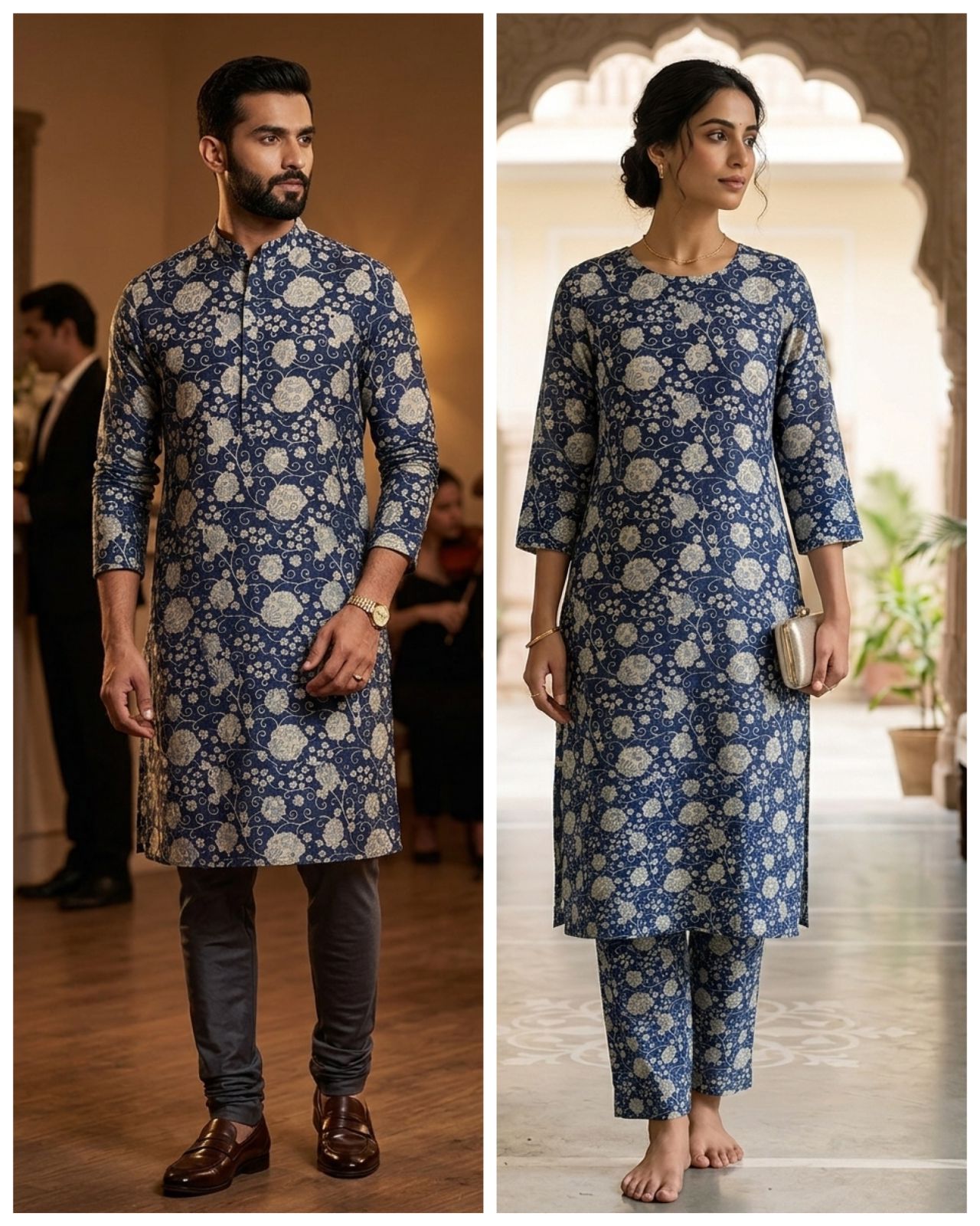 Indigo Floral Jaal Chanderi Silk Fabric