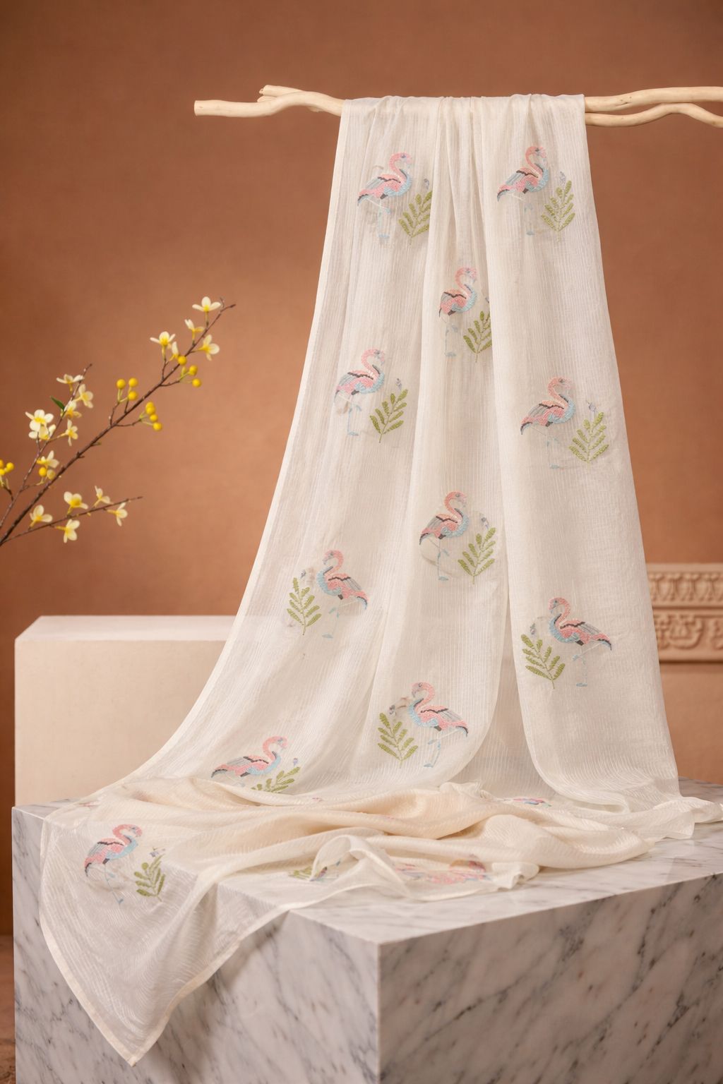 Off-White Premium Cotton Fabric With Flamingo Embroidery