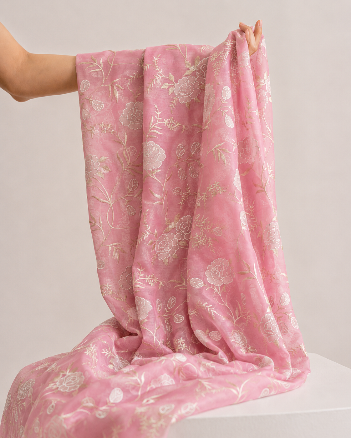 Rose Pink Mul Fabric With White Appliqué Work