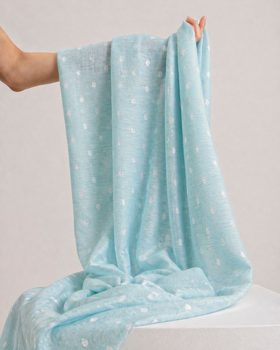 Powder Blue Pure Mul Fabric With Silver Zari