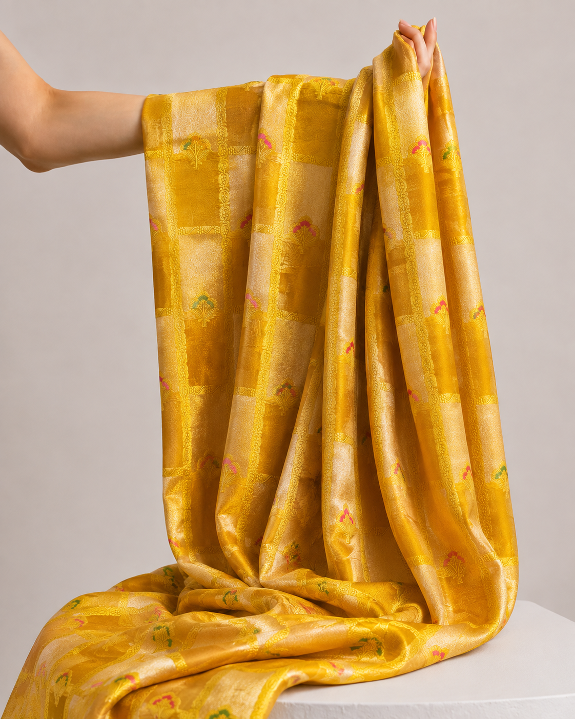 Mustard Yellow Soft Silk Fabric with Meenakari Checkered Zari Weave