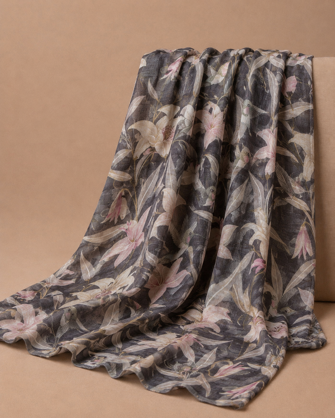 Charcoal Plum Tussar Kalamkari Printed Fabric