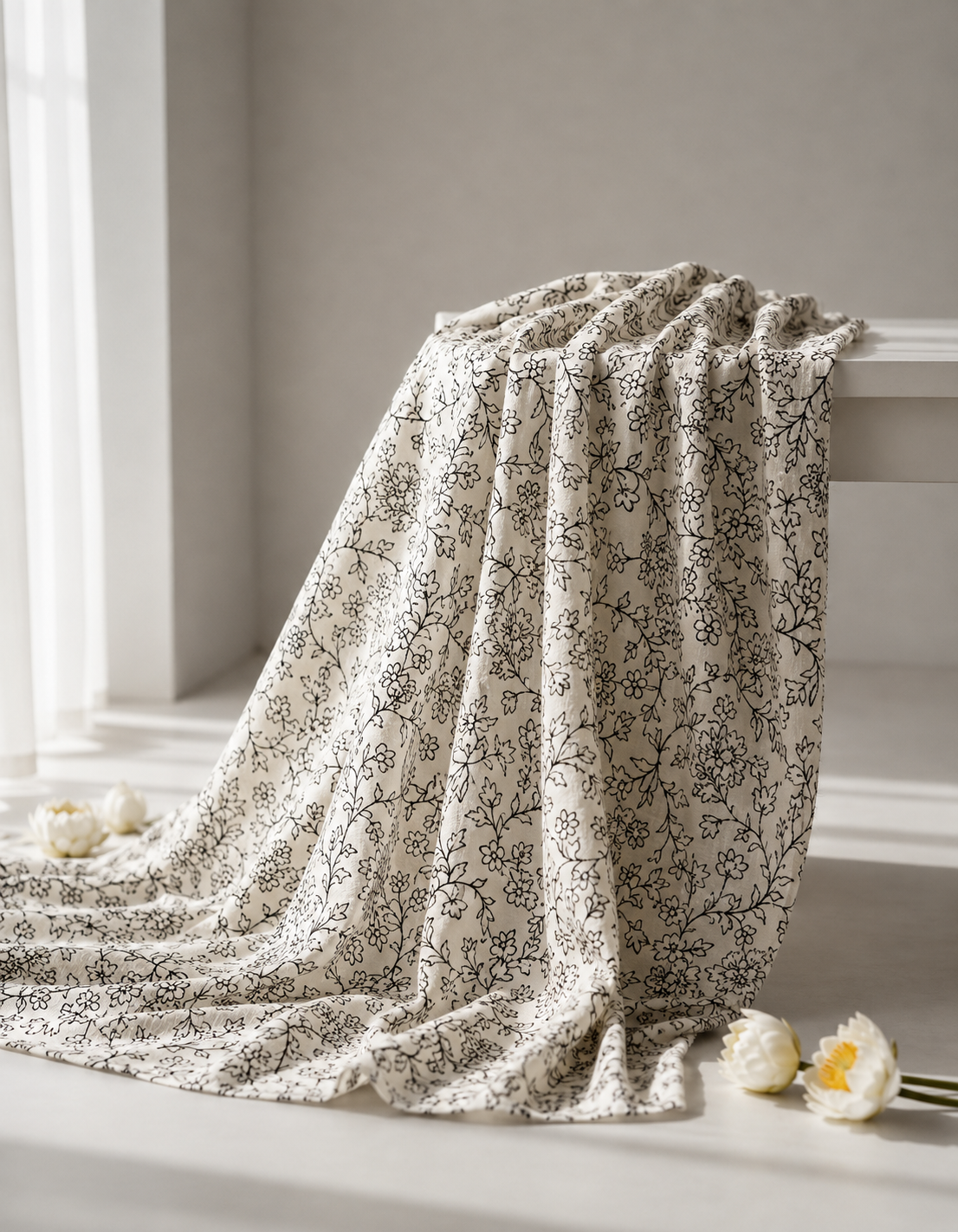 Pure Chanderi Silk Fabric With Black Hand Block Prints