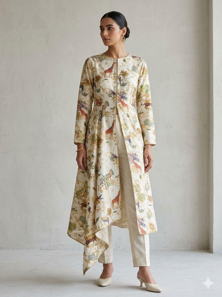 White Pure Soft Silk Fabric With Pichhwai Jungle Pattern