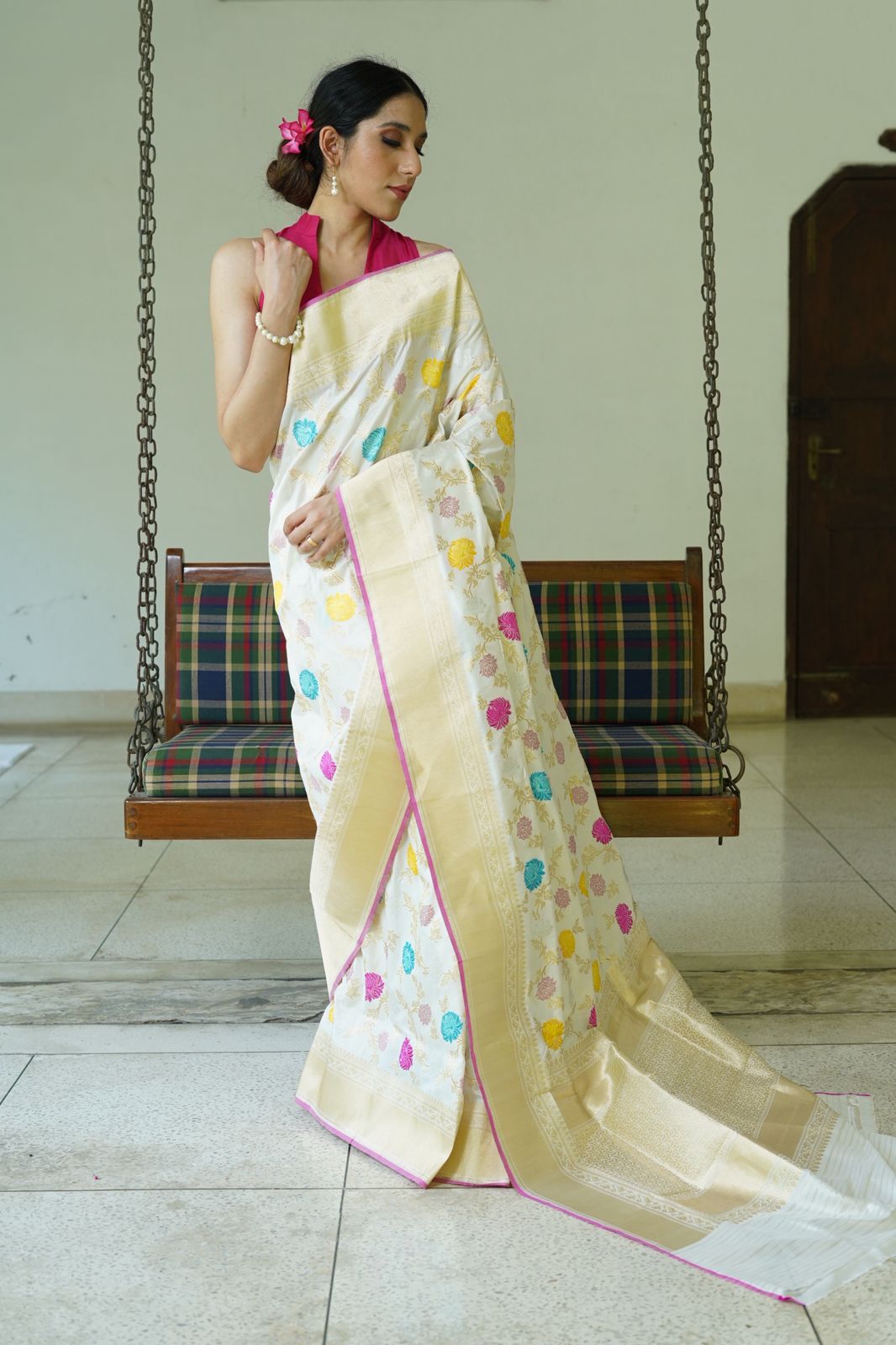 White Pure Katan Silk Banarasi Handloom Saree