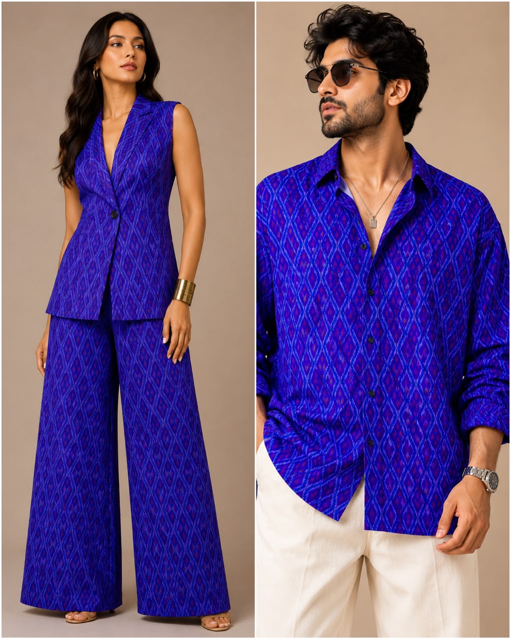 Royal Blue & Purple Pure Silk Ikat Fabric with Traditional Diamond Motifs