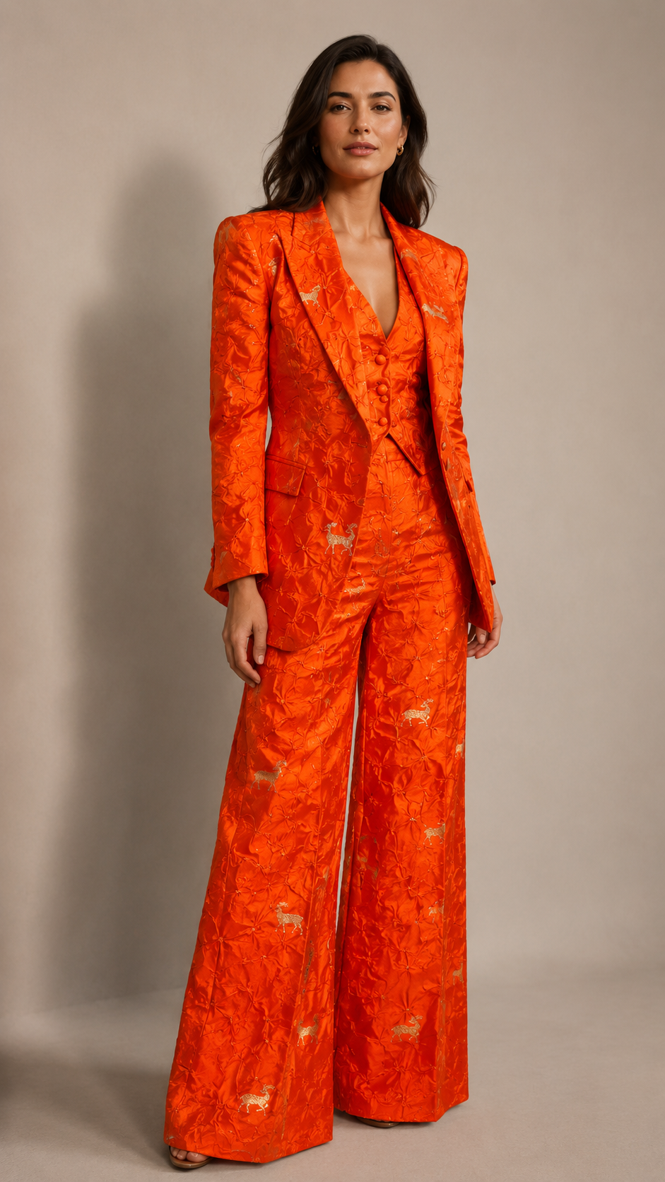 Orange Chiniya Silk Bandhani With Deer Kadhwa Motif Fabric
