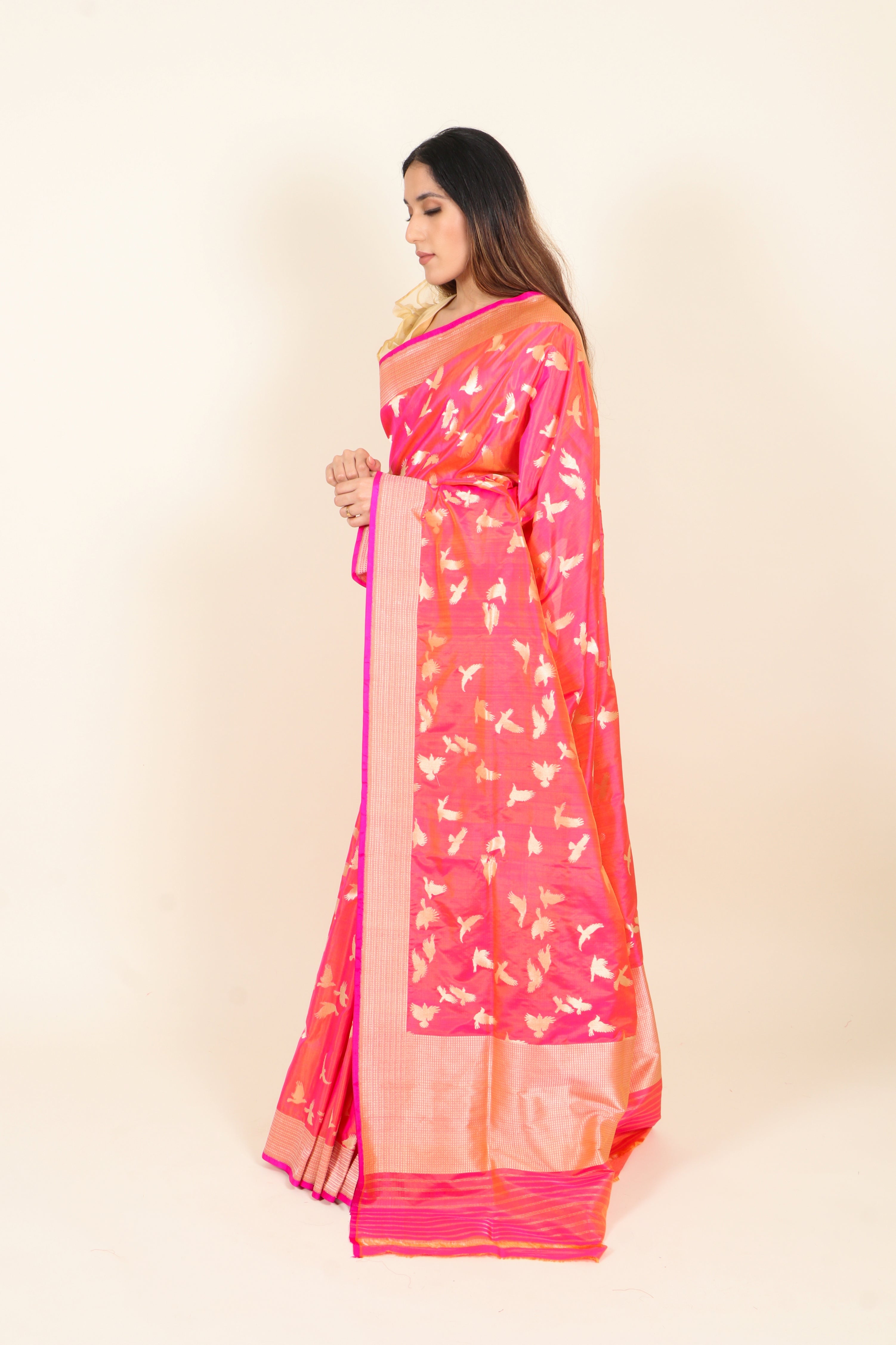 Dual Tone Pink/Orange Banarasi Pure Katan Silk Saree