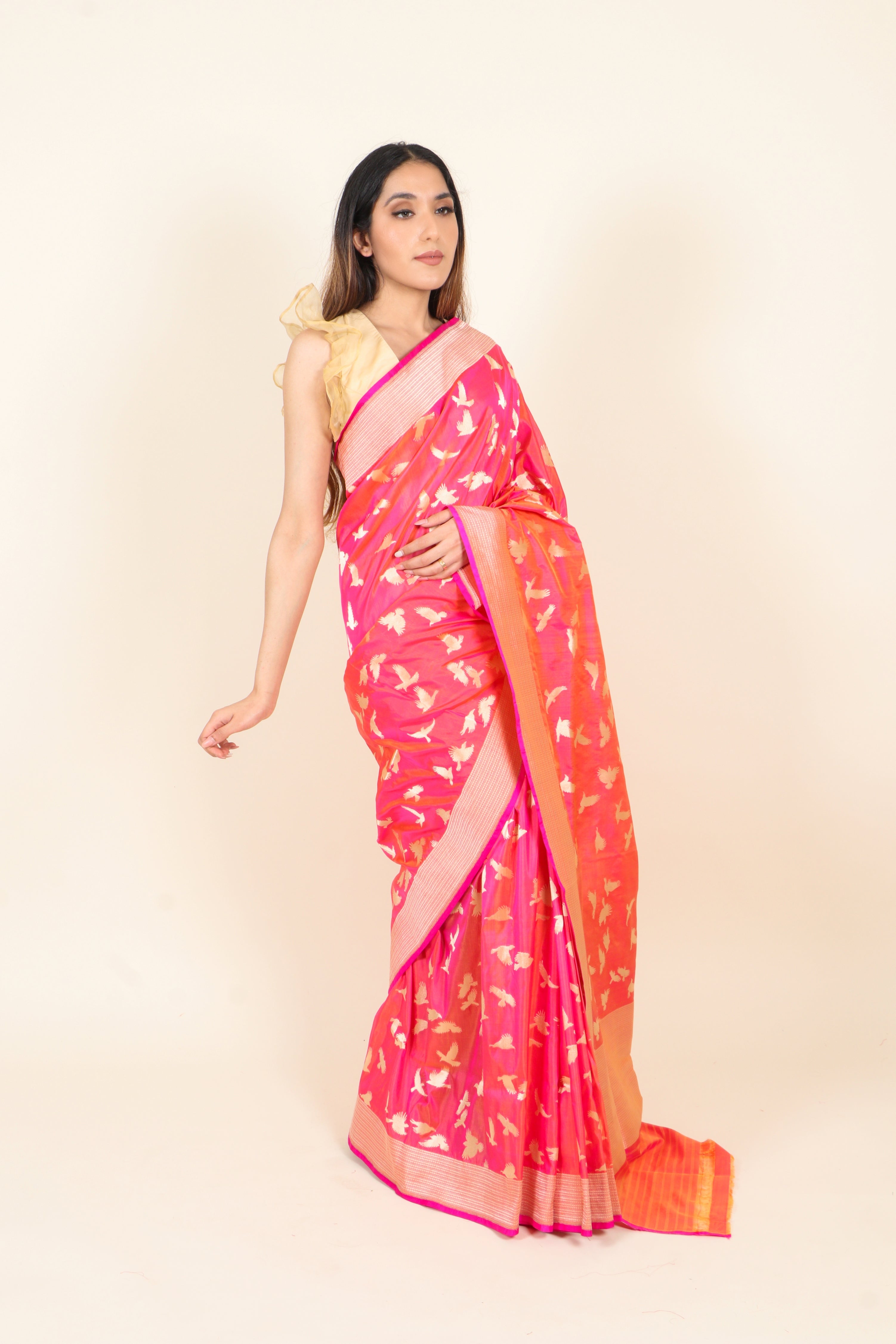 Dual Tone Pink/Orange Banarasi Pure Katan Silk Saree