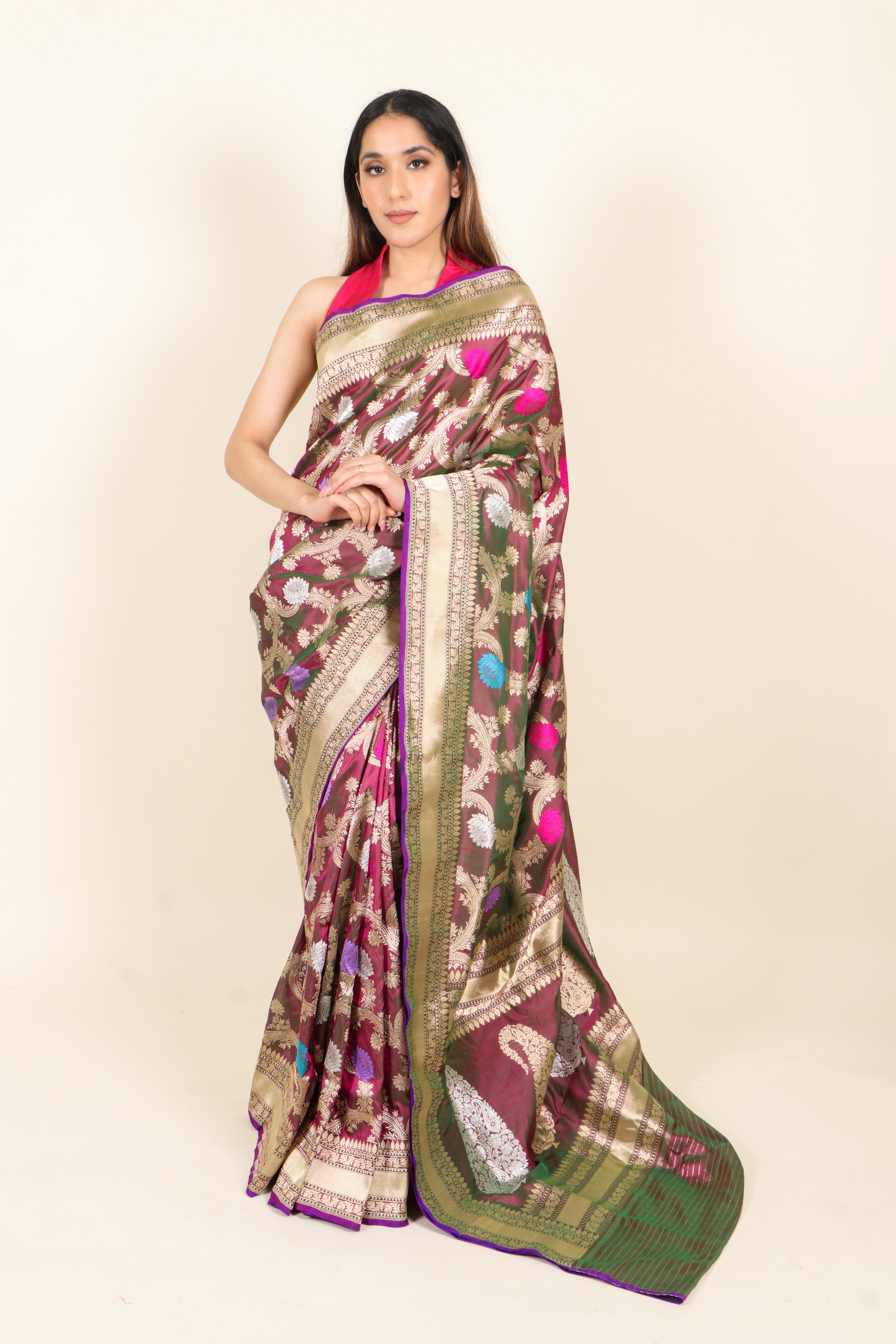 Dual-Tone Wine Pure Katan Silk Banarasi Handloom Saree