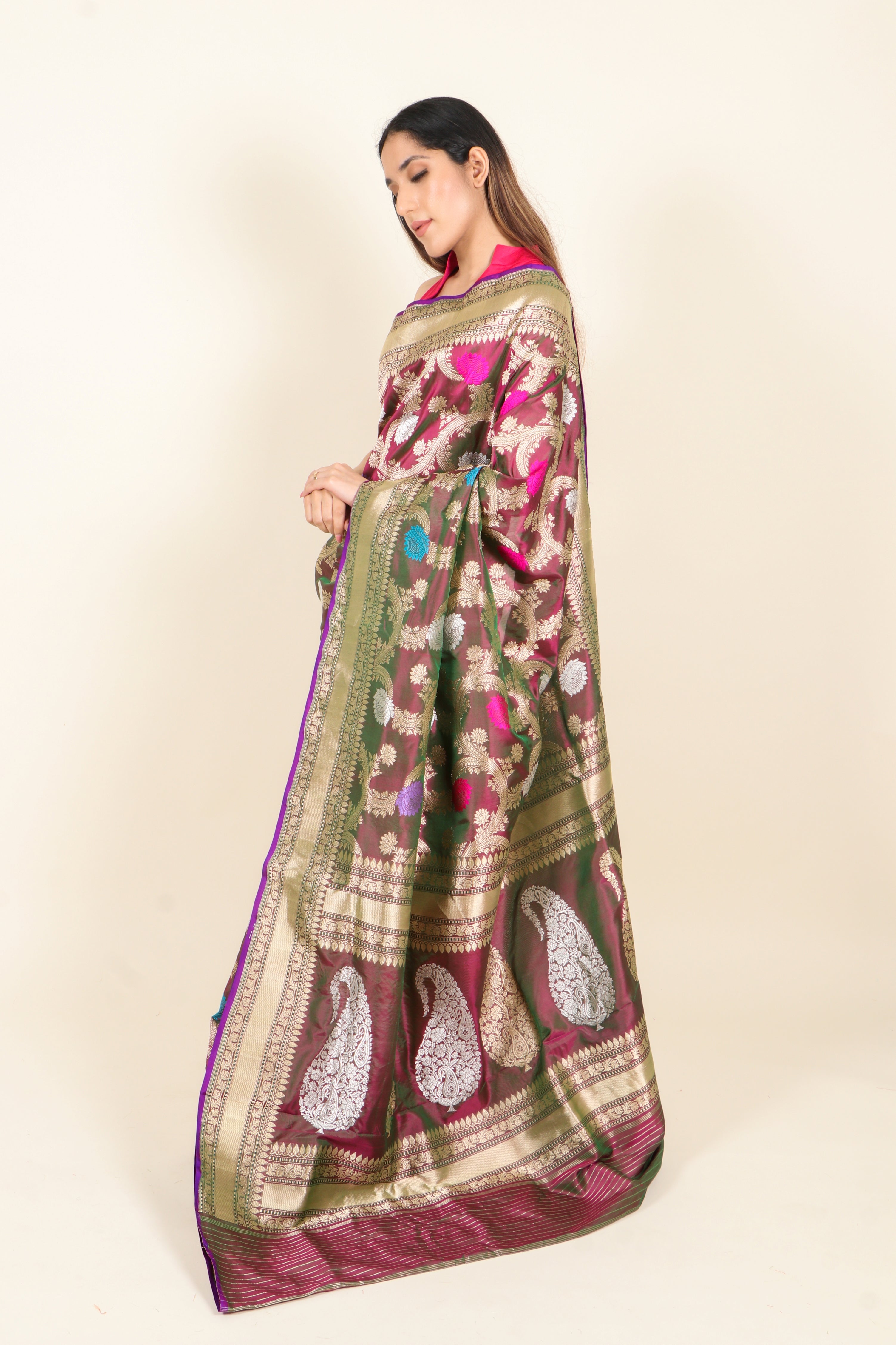 Dual-Tone Wine Pure Katan Silk Banarasi Handloom Saree
