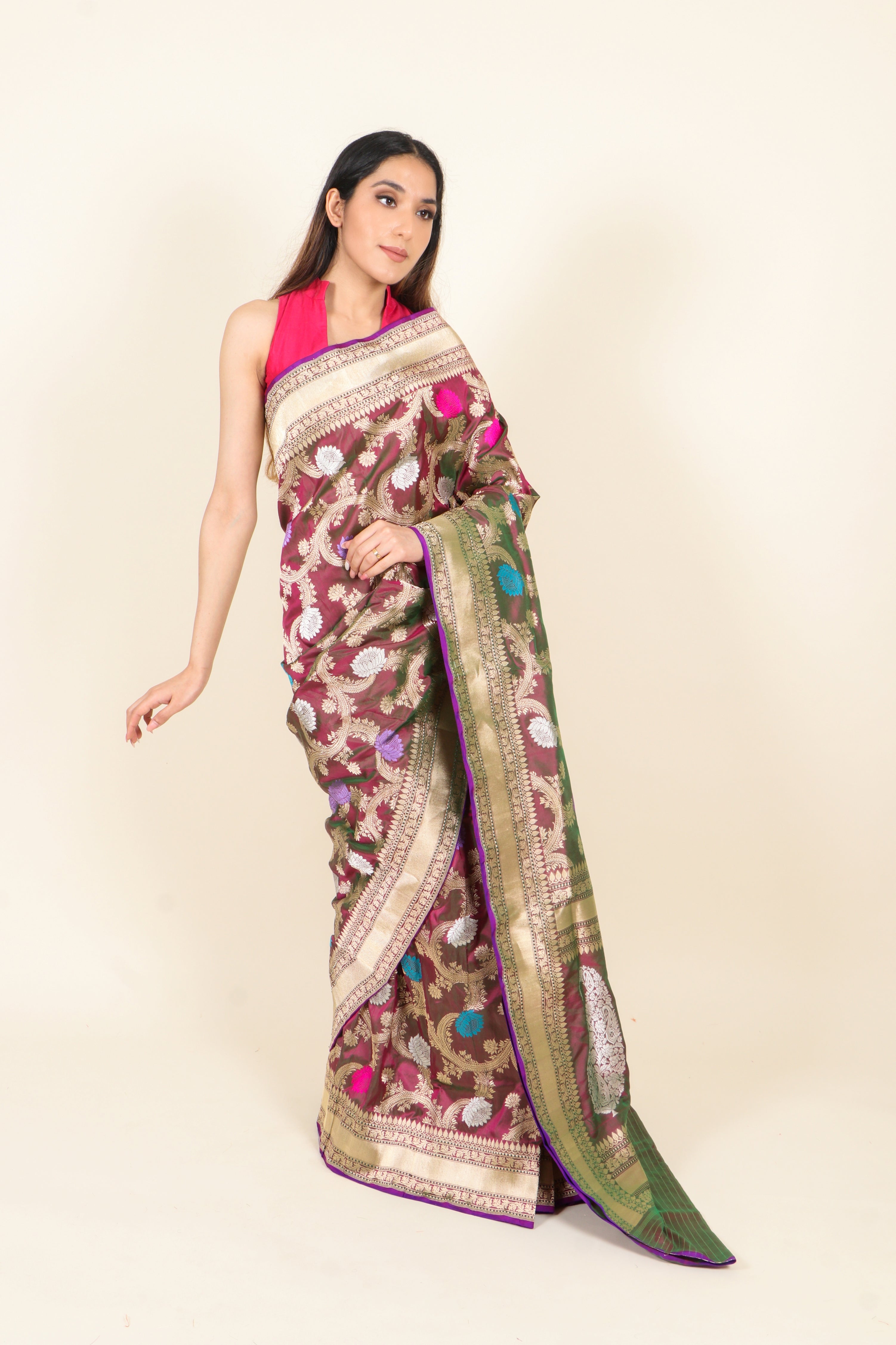 Dual-Tone Wine Pure Katan Silk Banarasi Handloom Saree