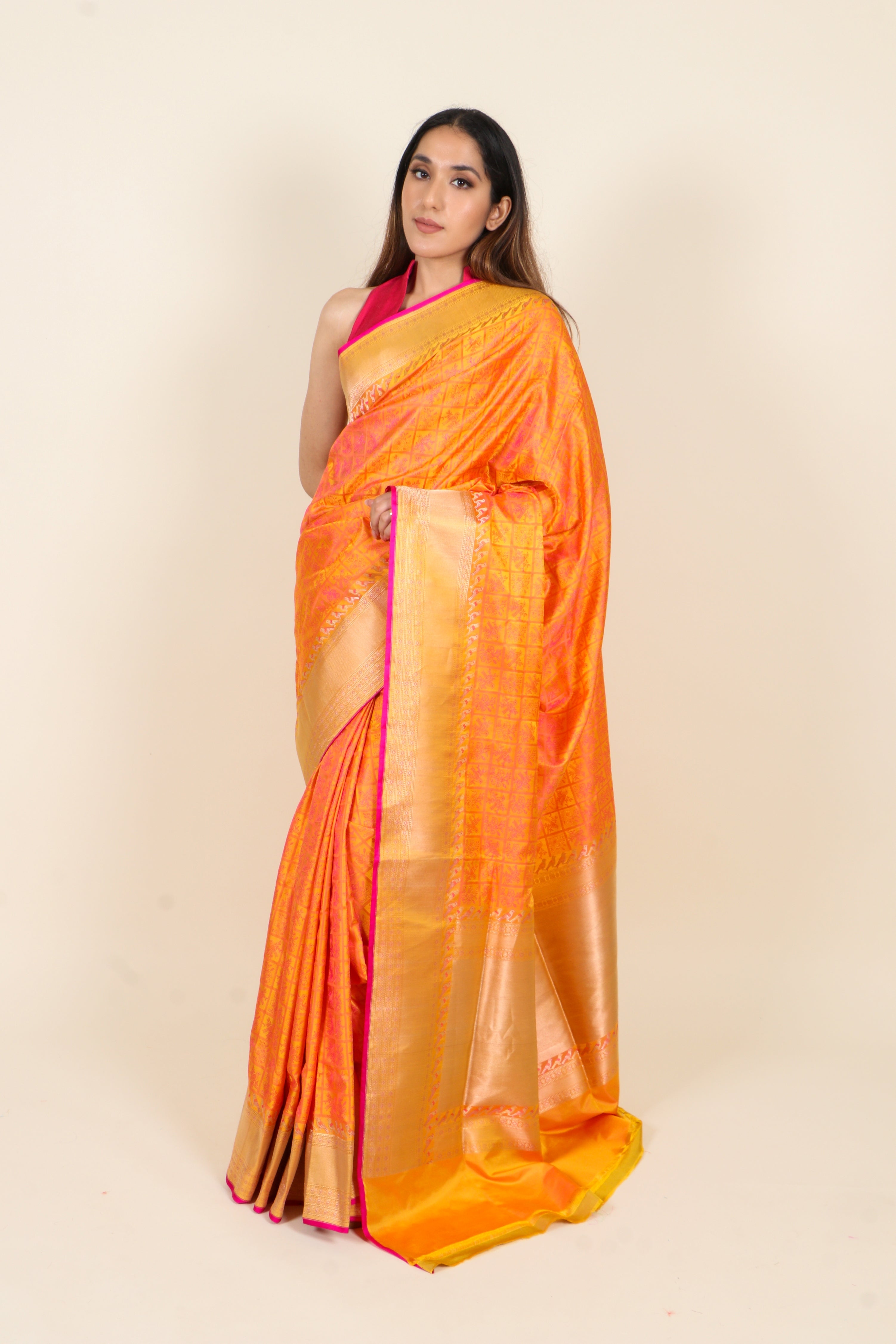 Dual Tone Orange/Pink Banarasi Pure Katan Silk Saree