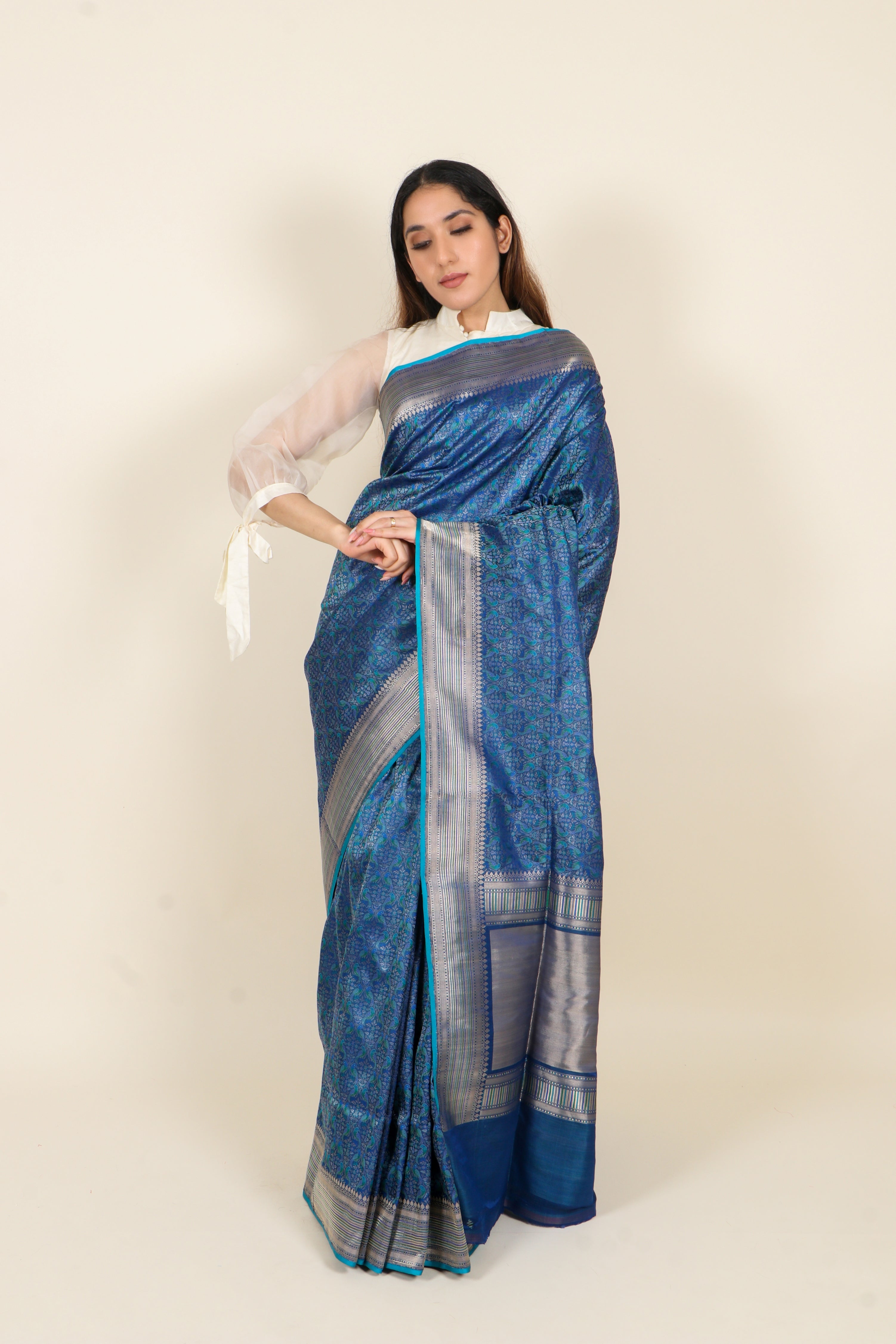 Deep Blue Pure Katan Silk Banarasi Tanchoi Saree