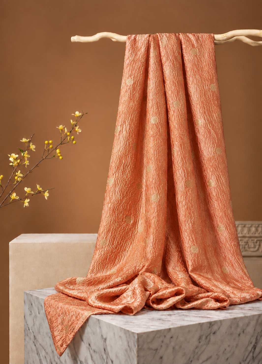 Peach Gold Crushed Tissue Fabric with Gold Zari Floral Motifs