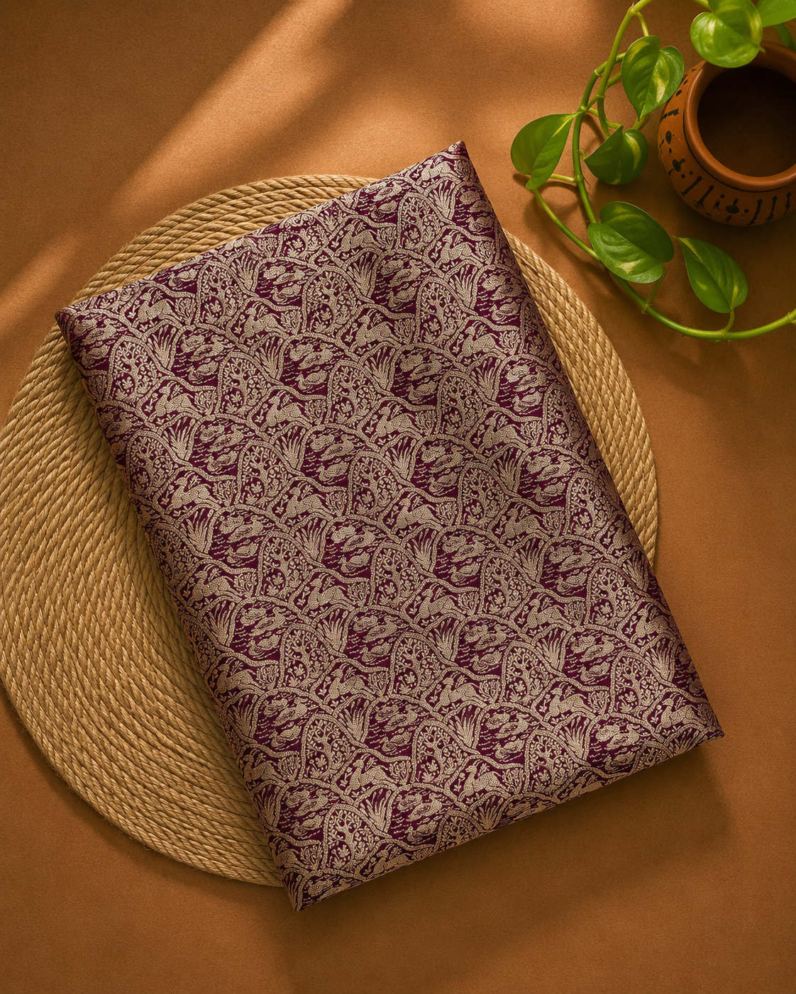 Deep Magenta Brocade Katan Silk Handloom Fabric