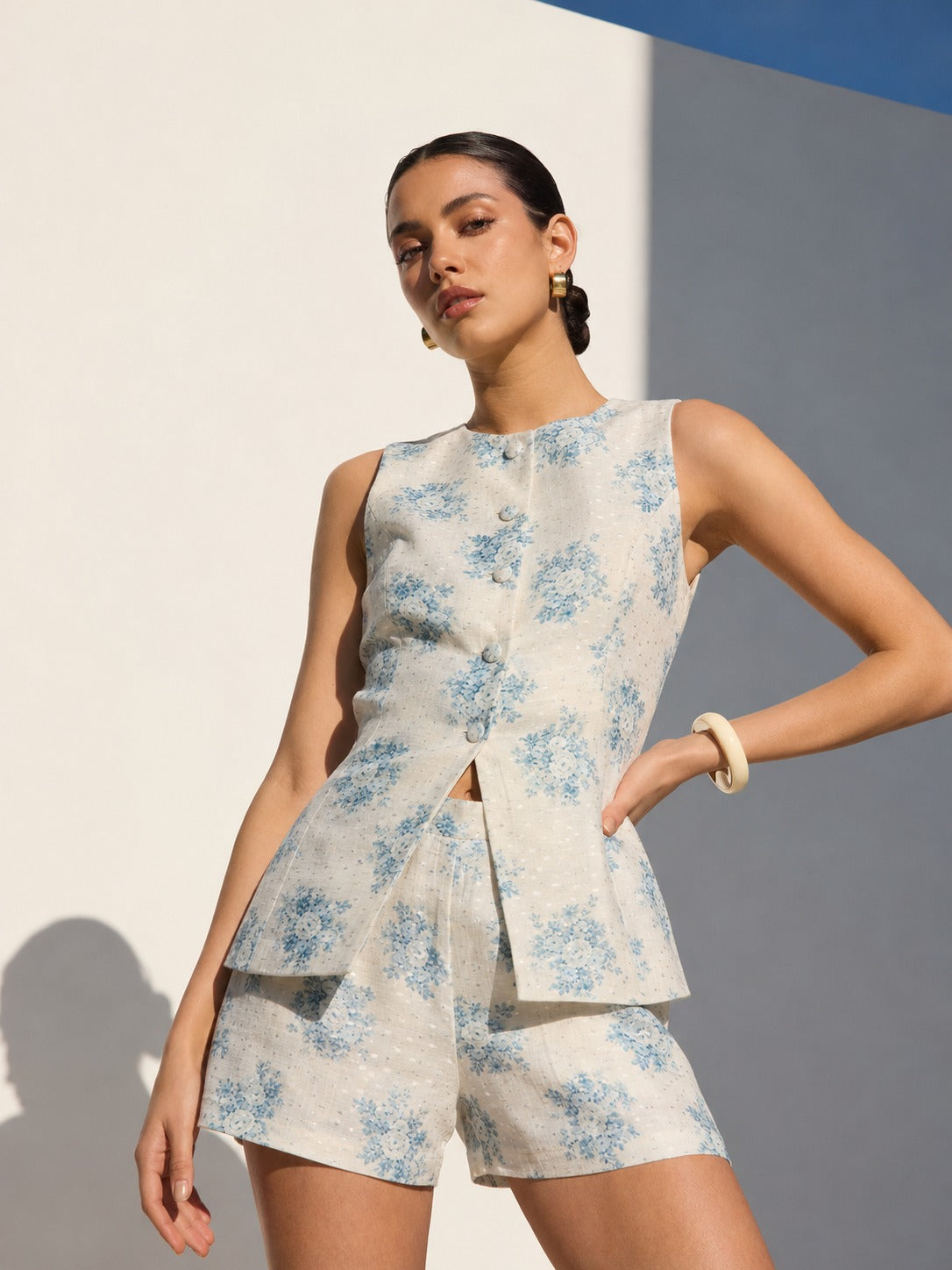 Ivory & Powder Blue Floral Mul Weaving Fabric