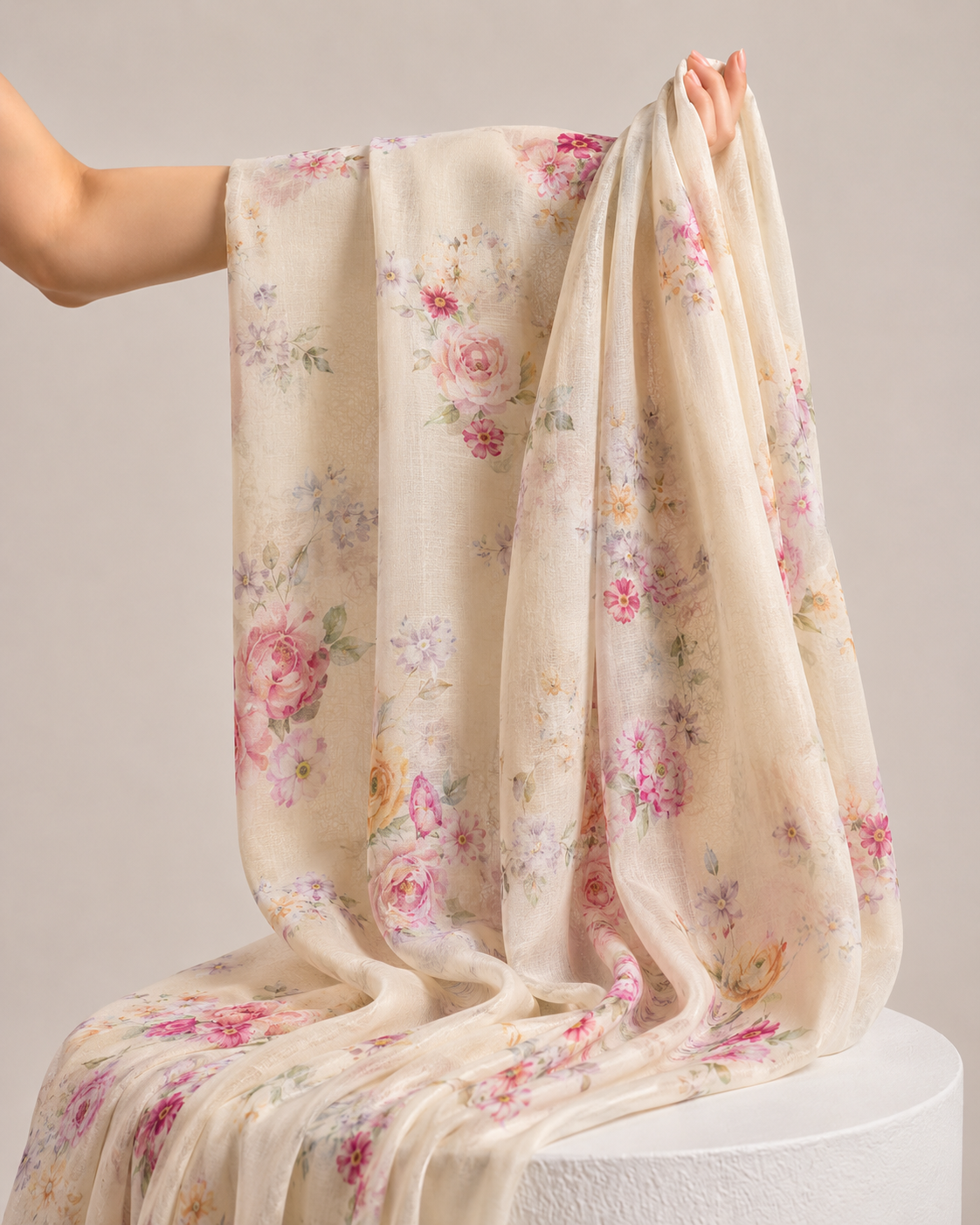 Ivory-Beige Mul Floral Prints Fabric