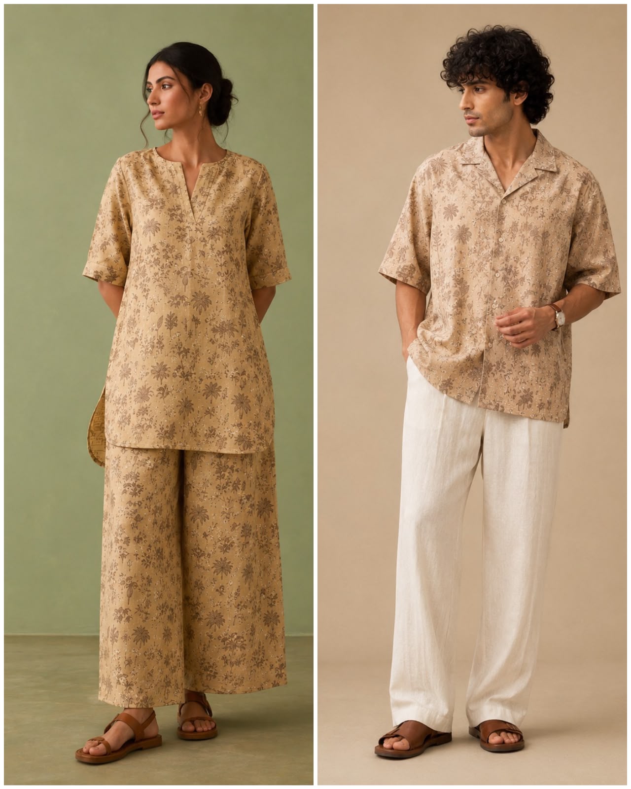 Beige Linen Printed Fabric with Botanical Motifs