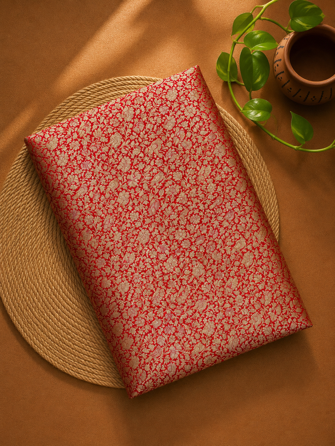 Red Shikarghah Katan Silk Handloom Fabric