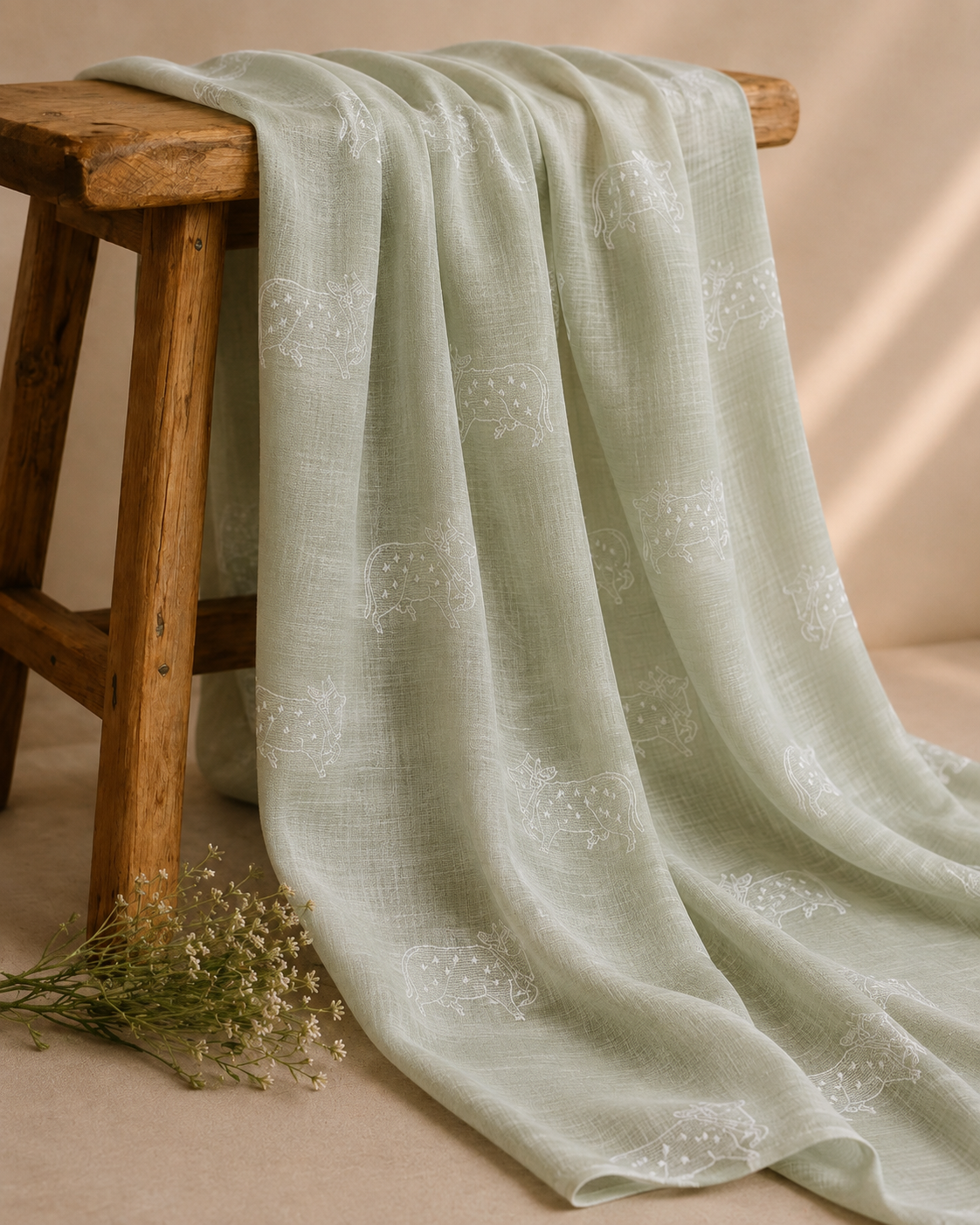 Pista Green Silk Linen Fabric With Nandi Embroidery