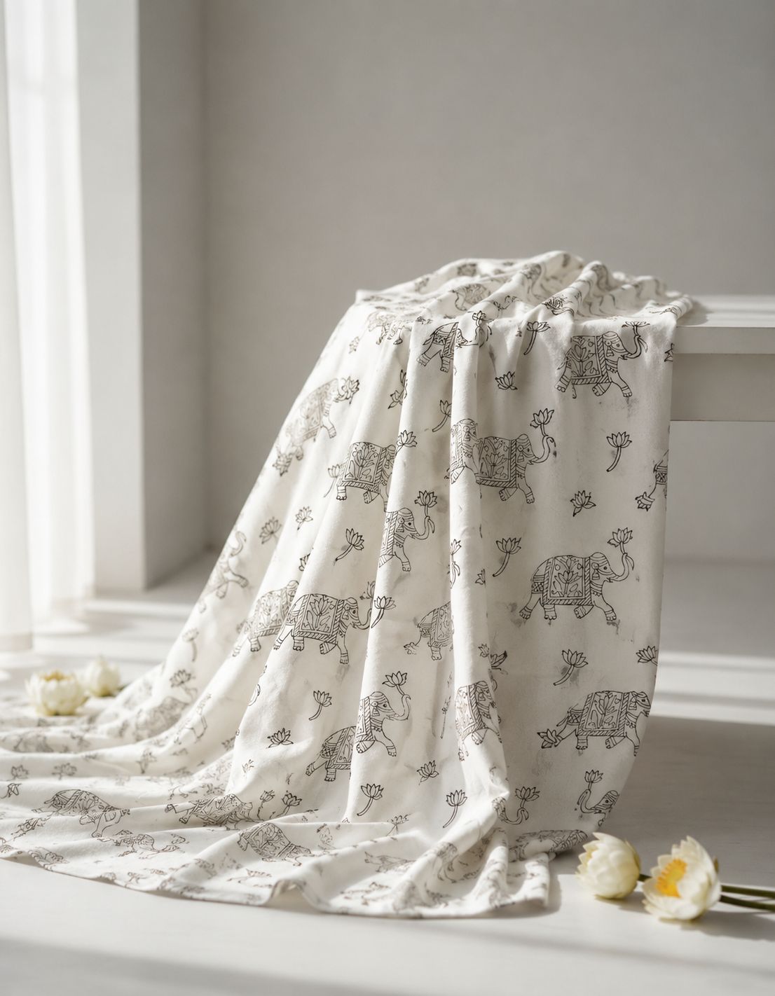 White Chanderi Silk Fabric With Hand Block Print