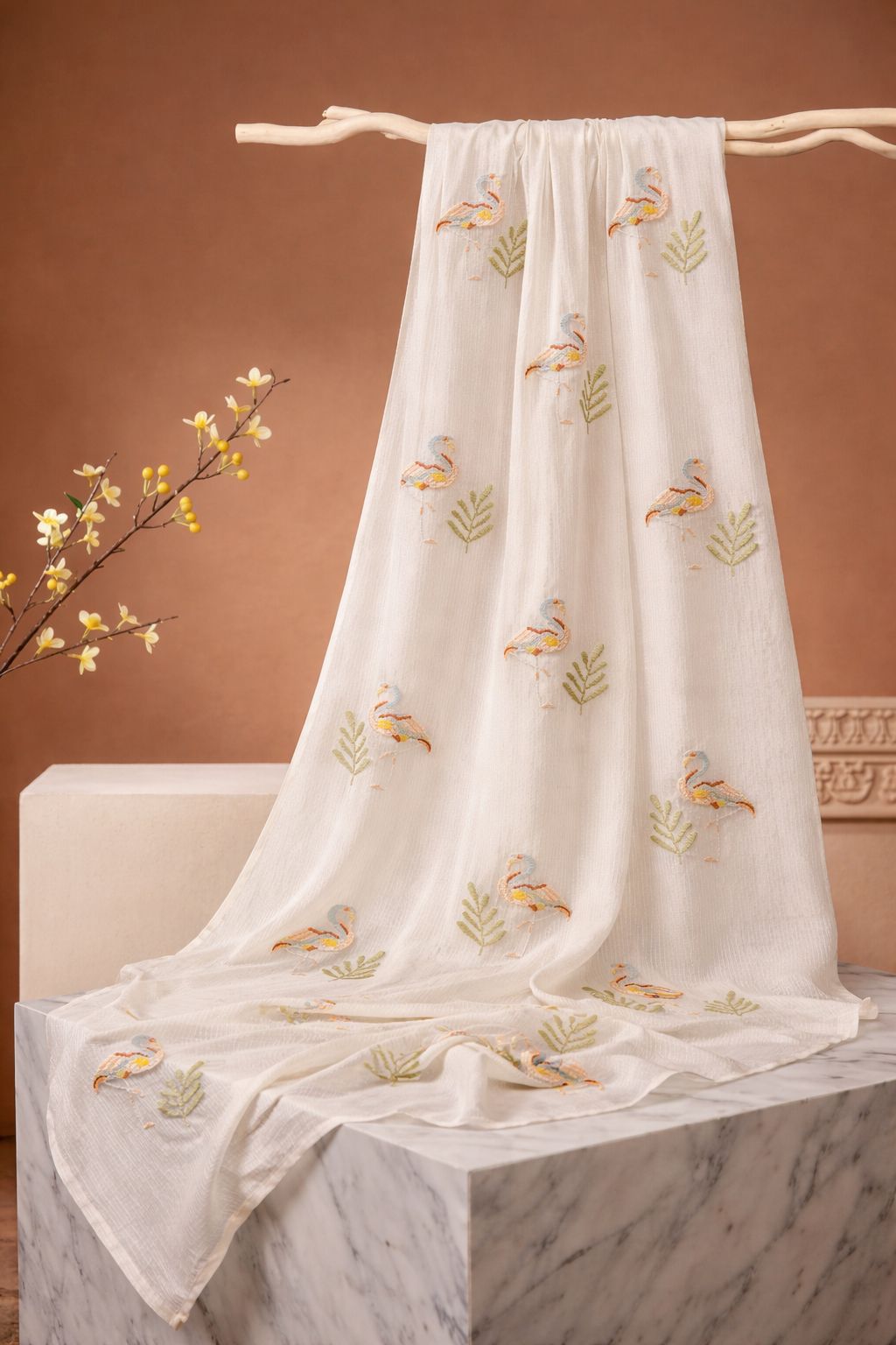 Off-White Premium Cotton Fabric With  Flamingo Embroidery