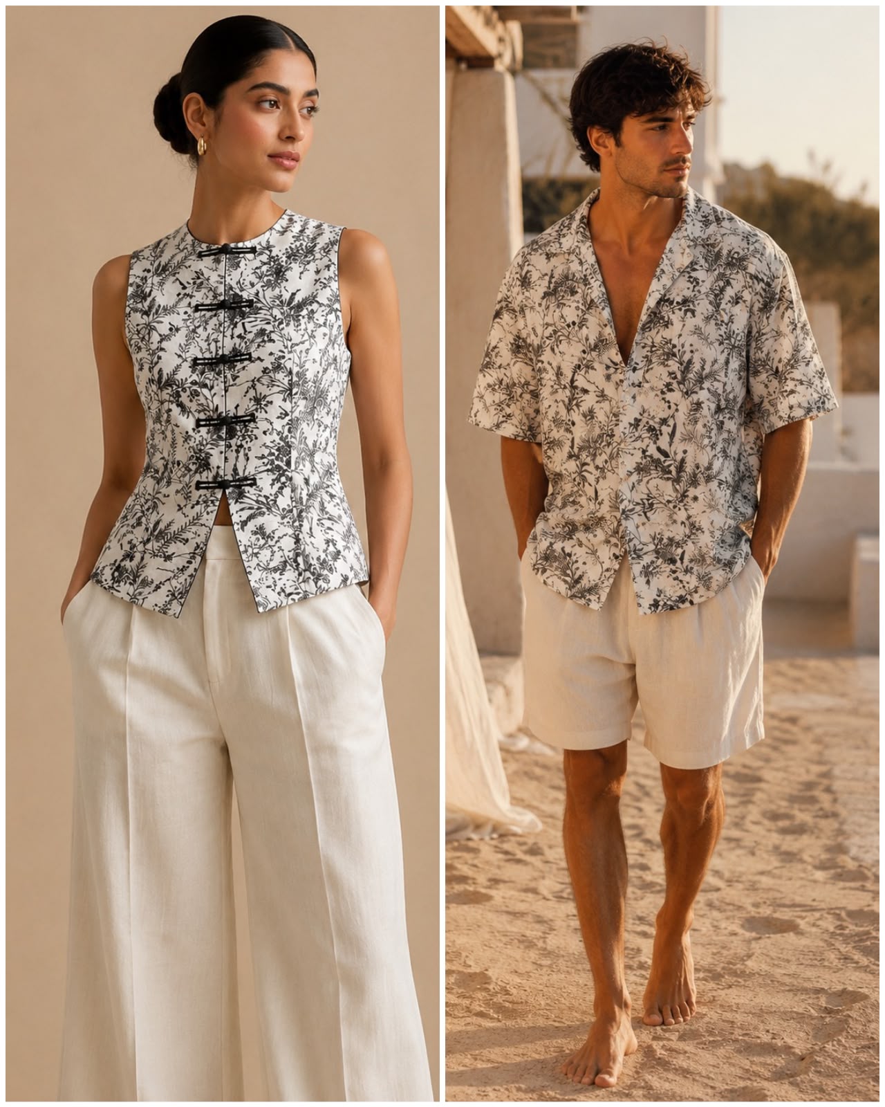 White Linen Printed Fabric with Wild Botanical Floral Motifs