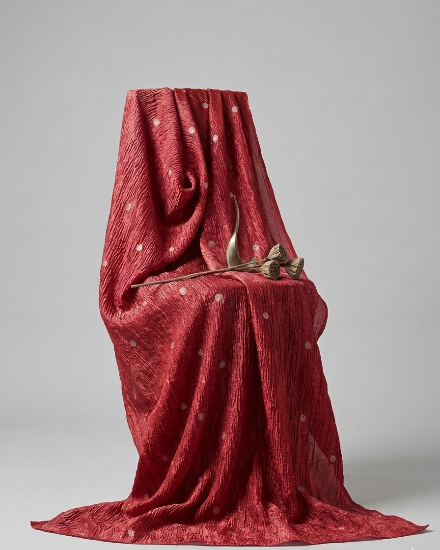 Rust Red Crushed Tissue Fabric with Gold Zari Floral Motifs