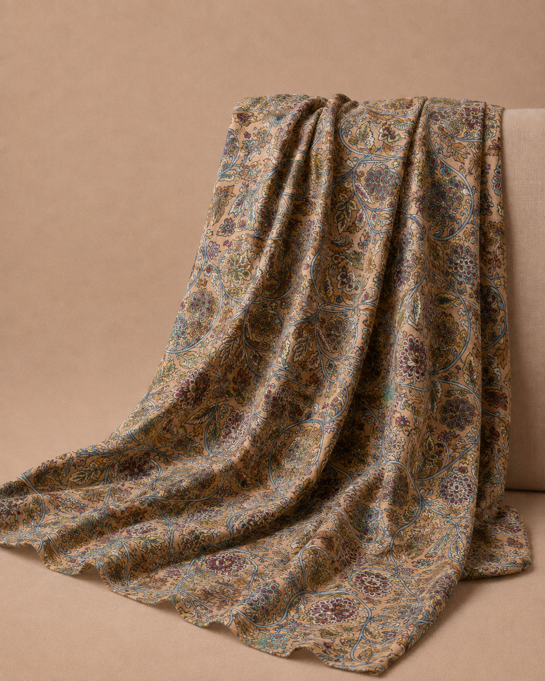 Peach Beige Tussar Kalamkari Printed Fabric