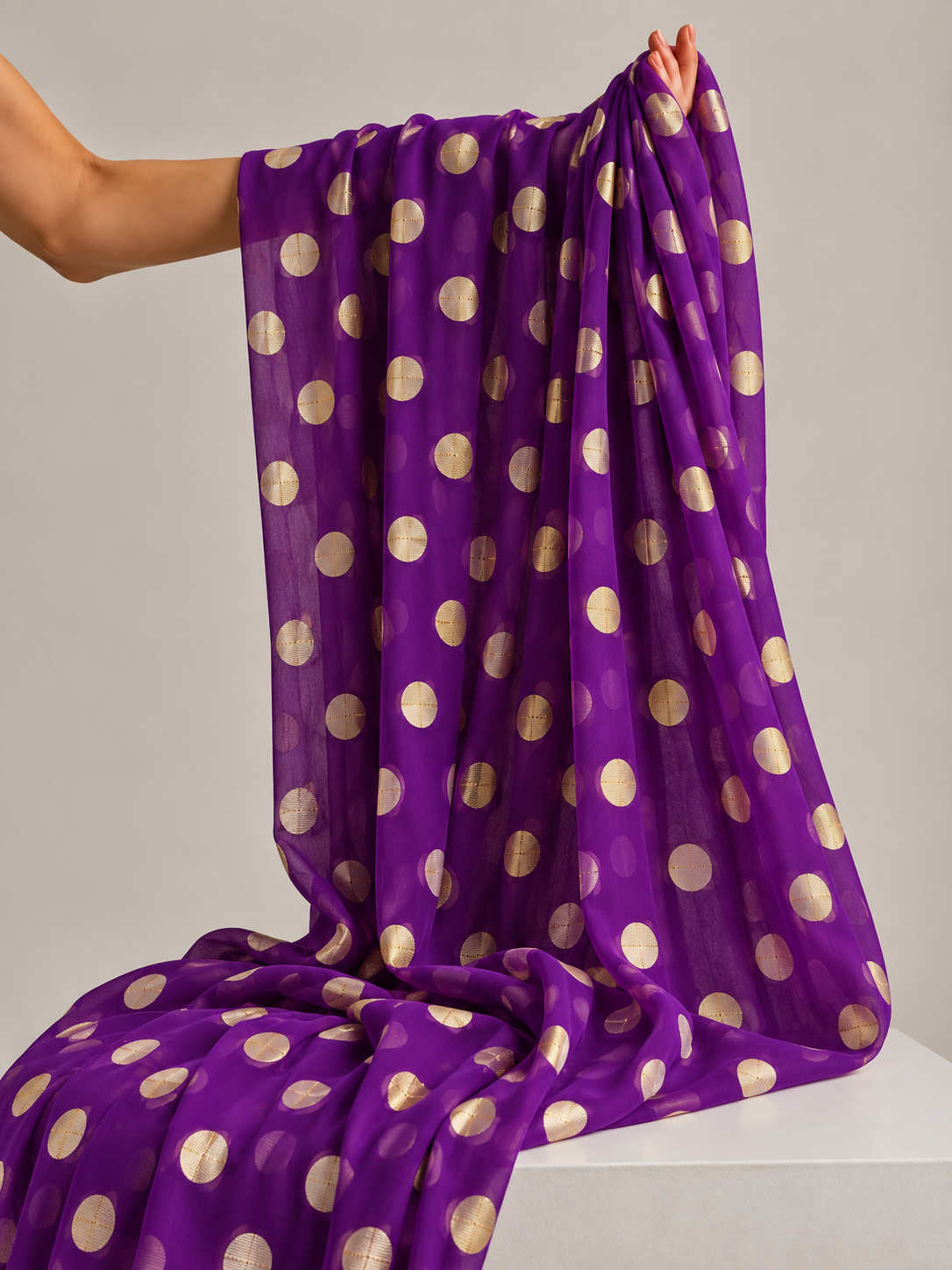 Royal Purple Pure Georgette Fabric with Polka Dots