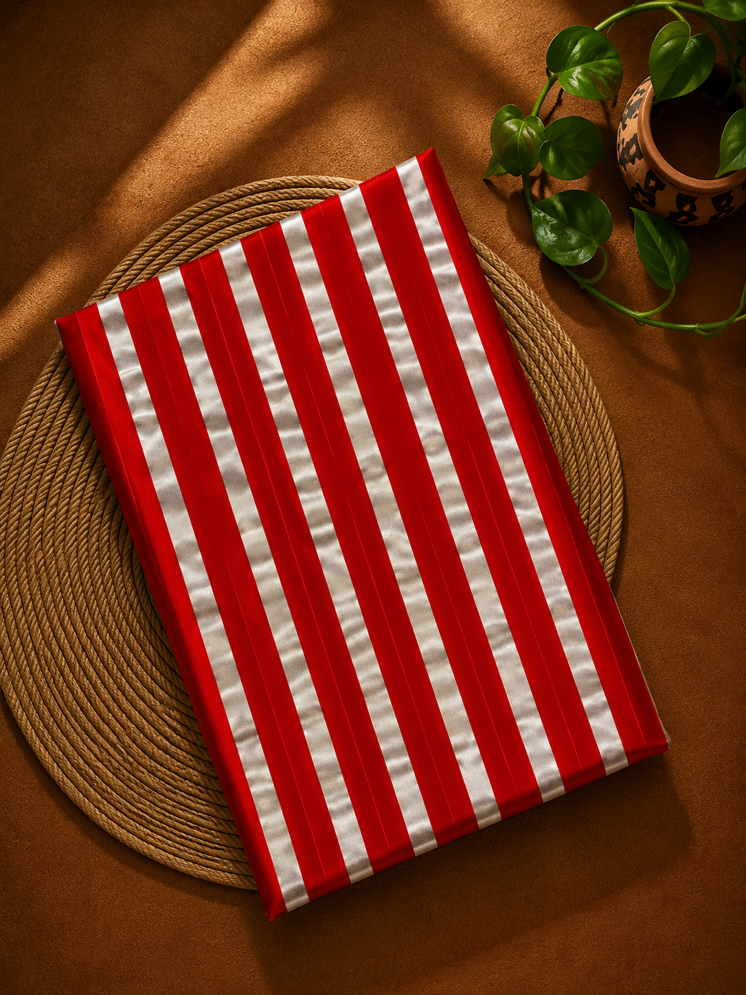 Red & Silver Pure Satin Silk Stripe Fabric