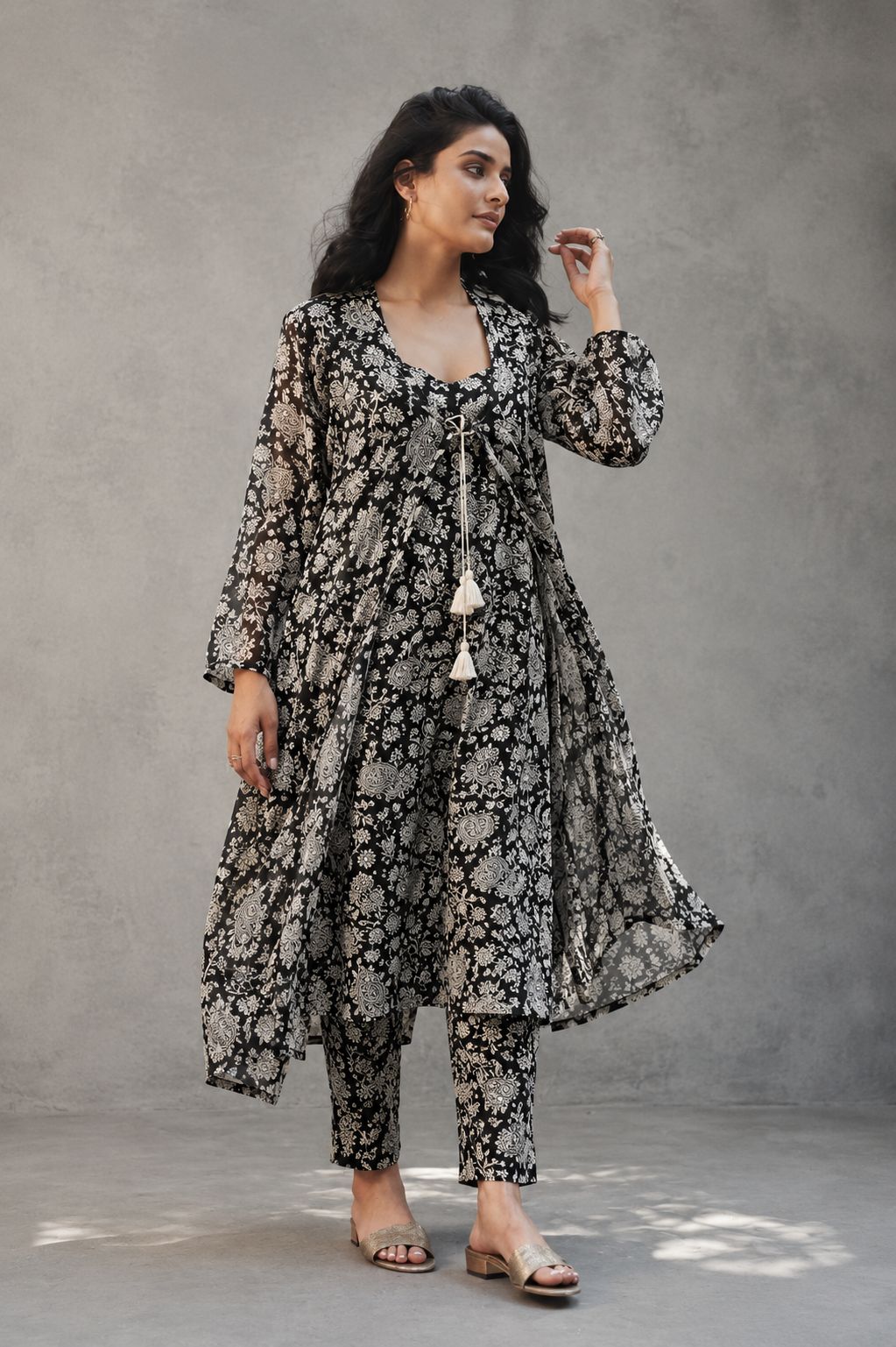 Black Chanderi Silk Fabric With Hand Block Print