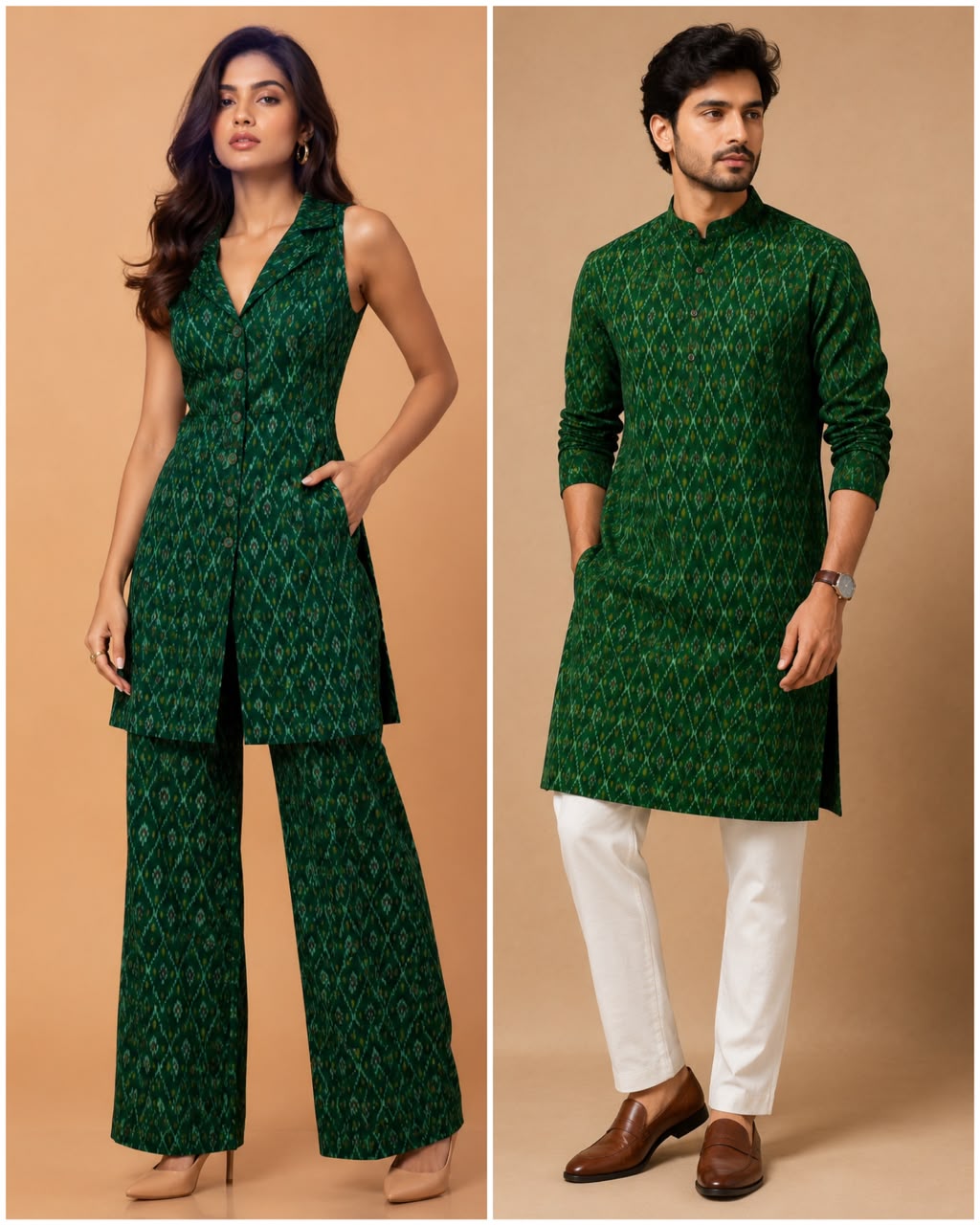 Green Pure Silk Ikat Fabric with Traditional Diamond Motifs