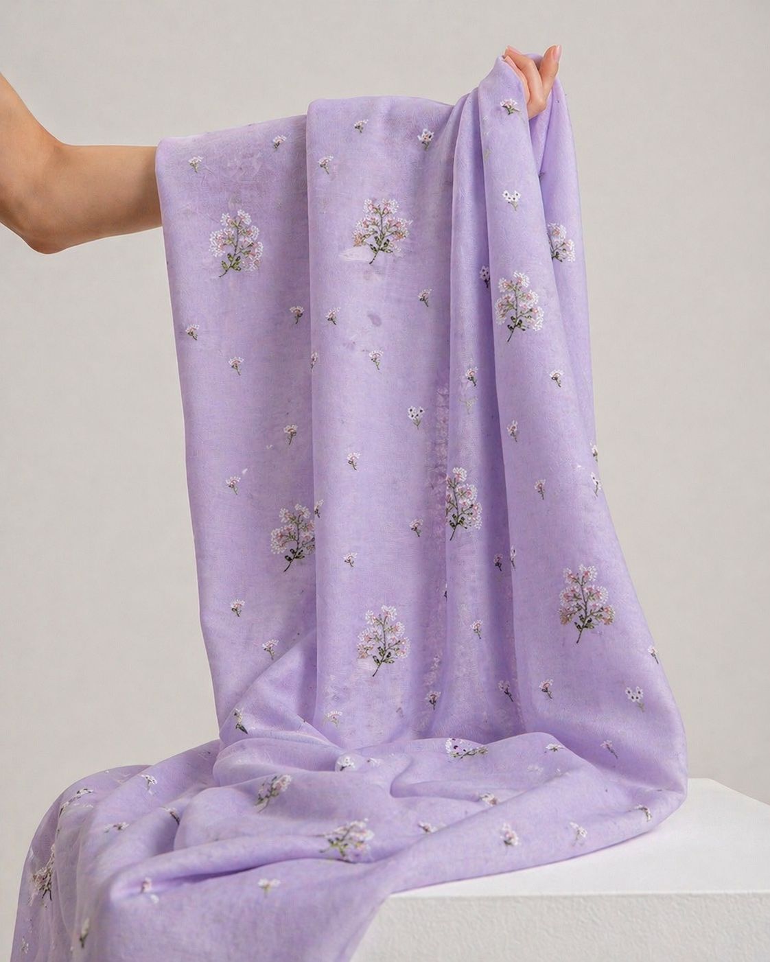 Lavender Mul Fabric With Embroidery