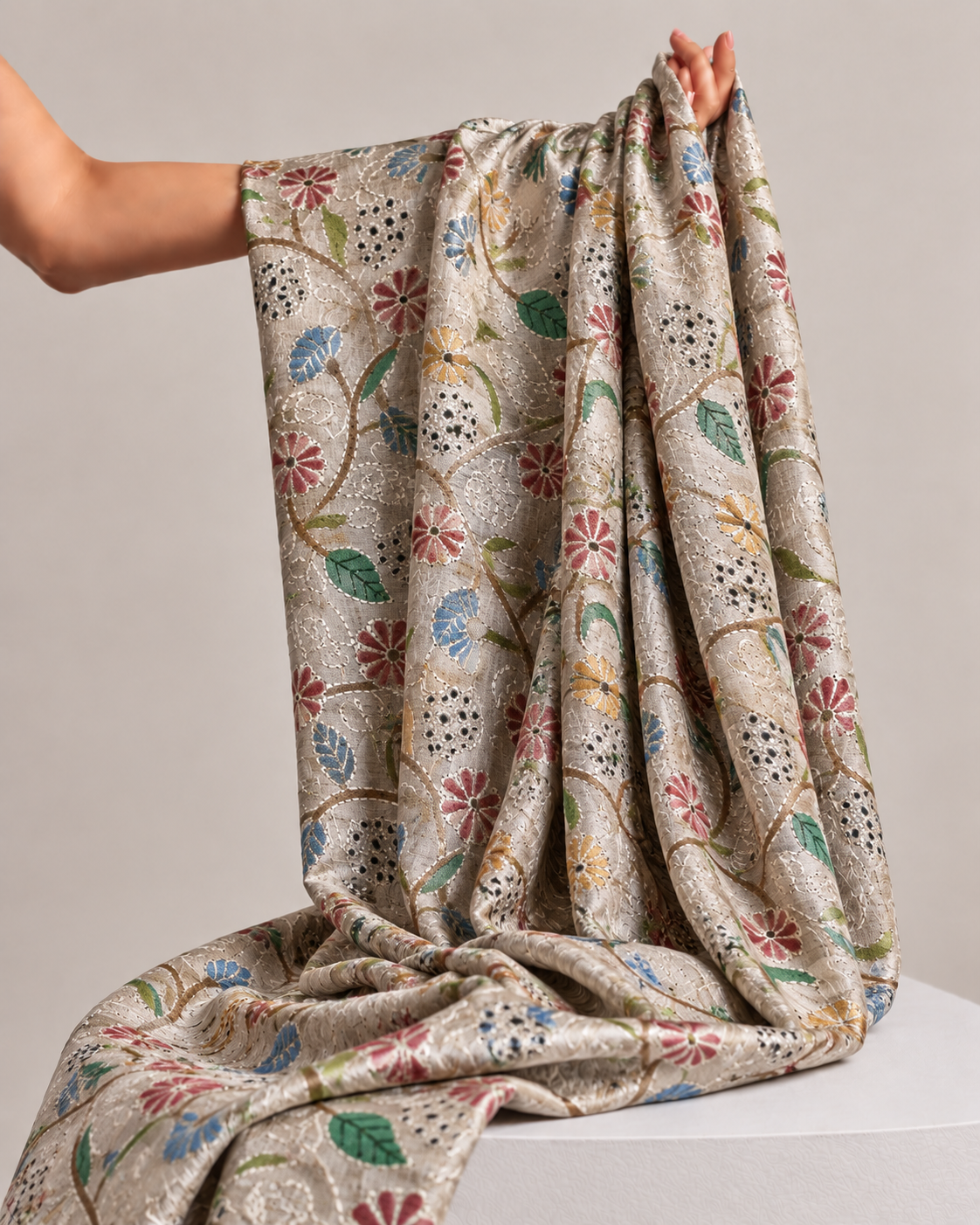 Beige Pure Tussar Natural Floral Embroidered Fabric