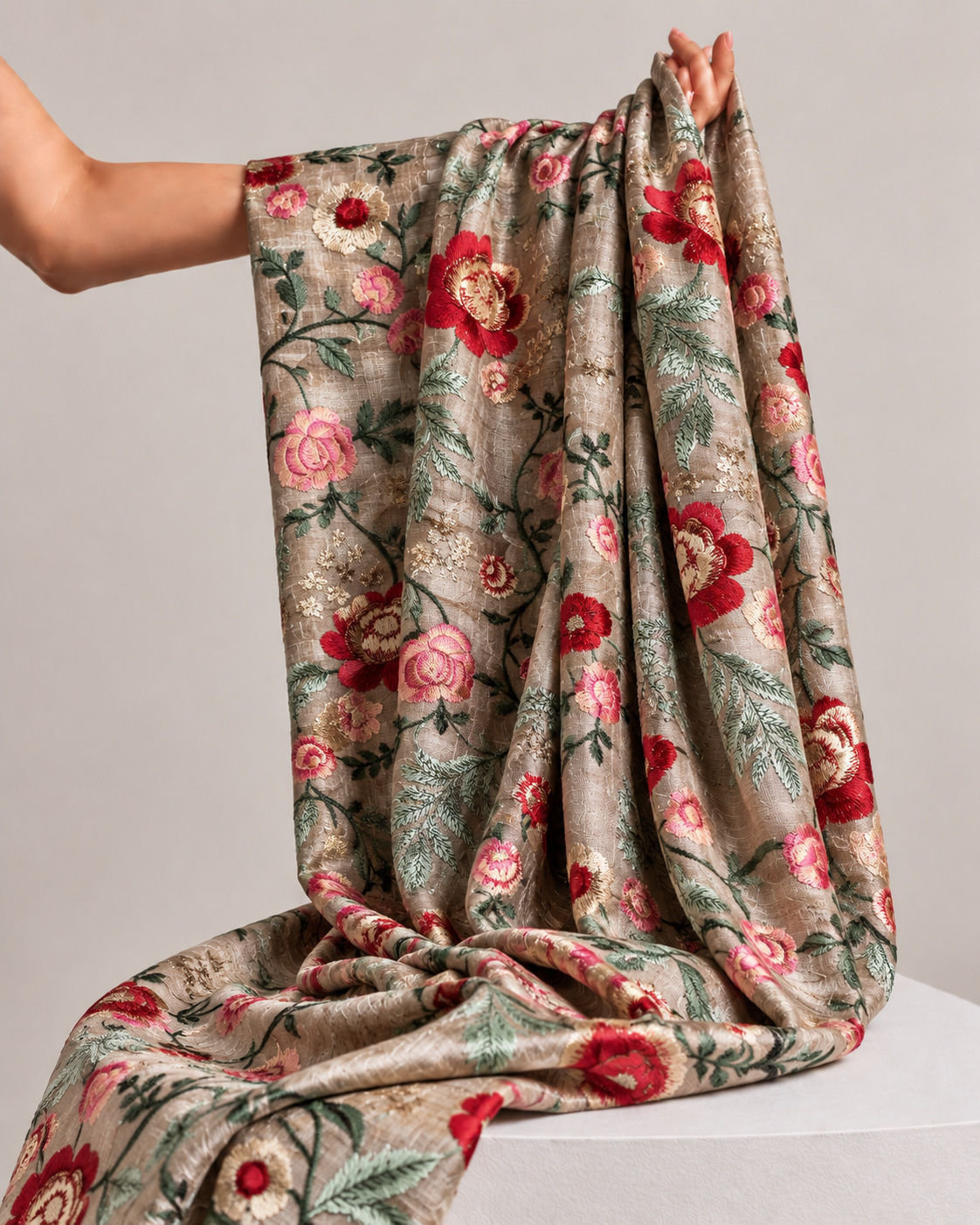 Beige Pure Tussar Natural Floral Embroidered Fabric