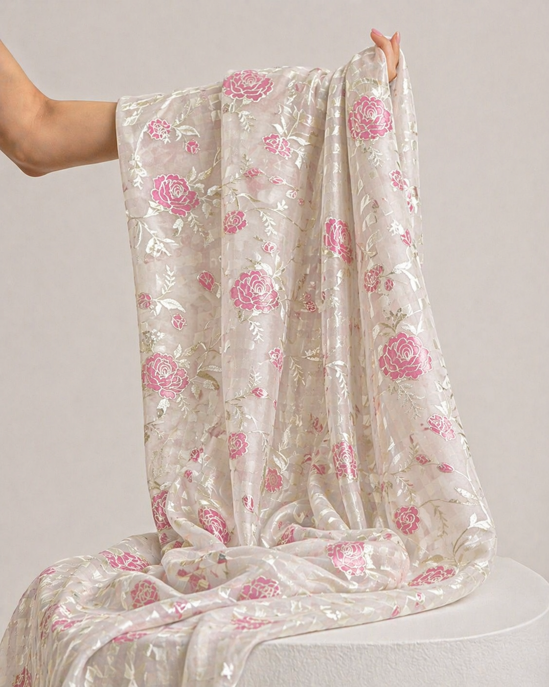 Mul Fabric With Rose Pink Appliqué Work
