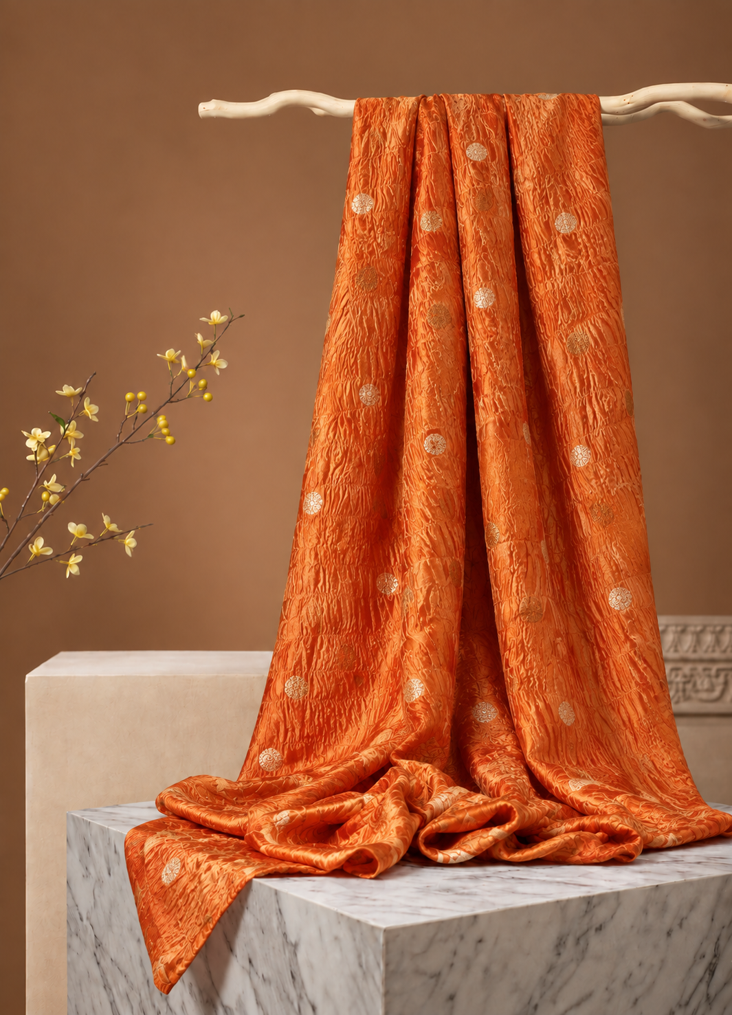 Rust Orange Crushed Tissue Fabric with Gold Zari Polka Motifs