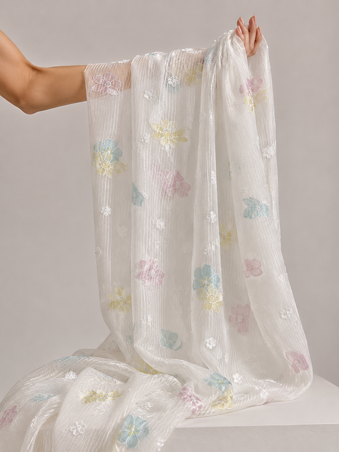 White Mul Fabric with Pastel Floral Embroidery & Woven Self Stripes