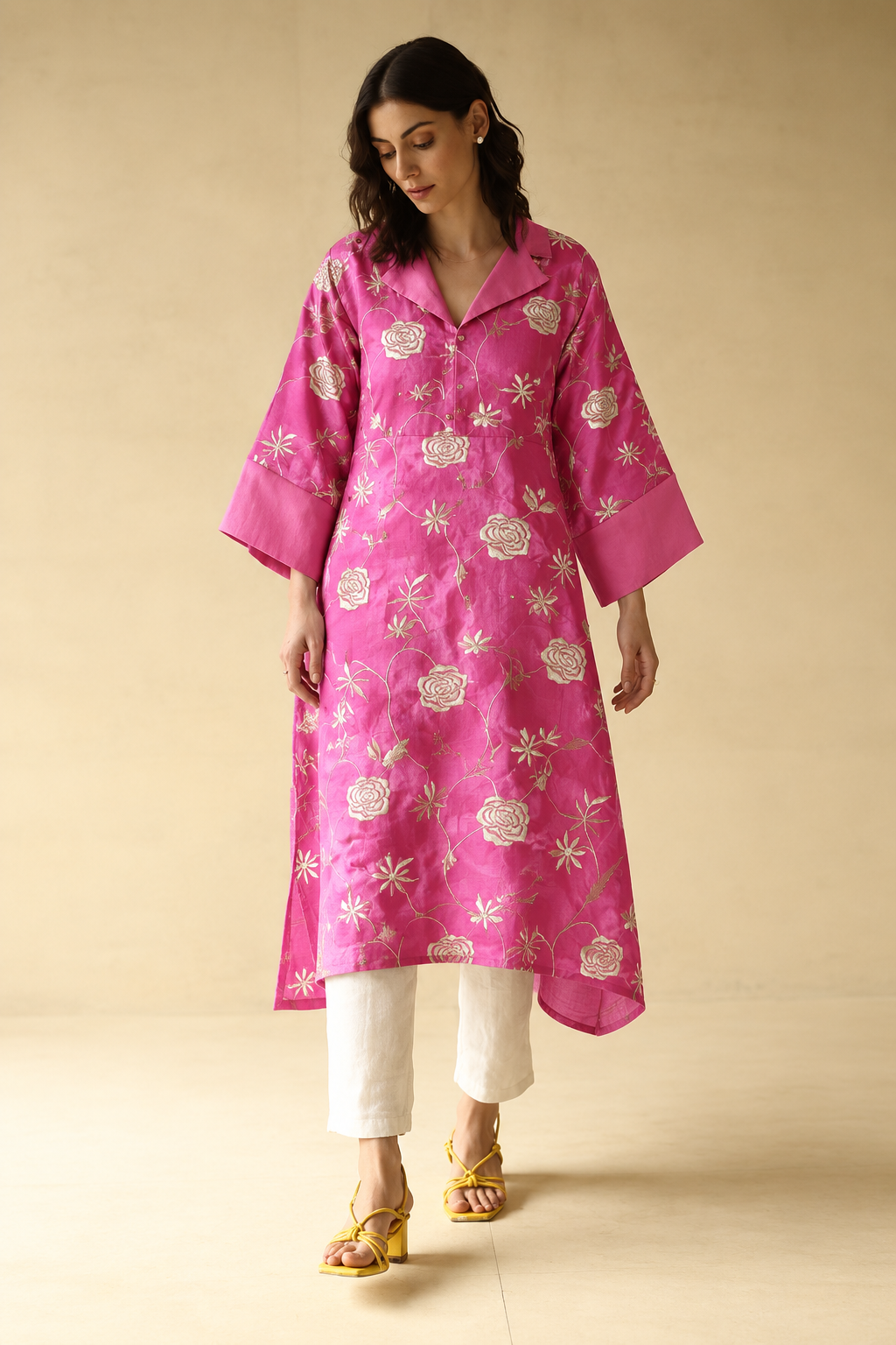 Magenta Pink Muslin Fabric With Parsi Embroidery